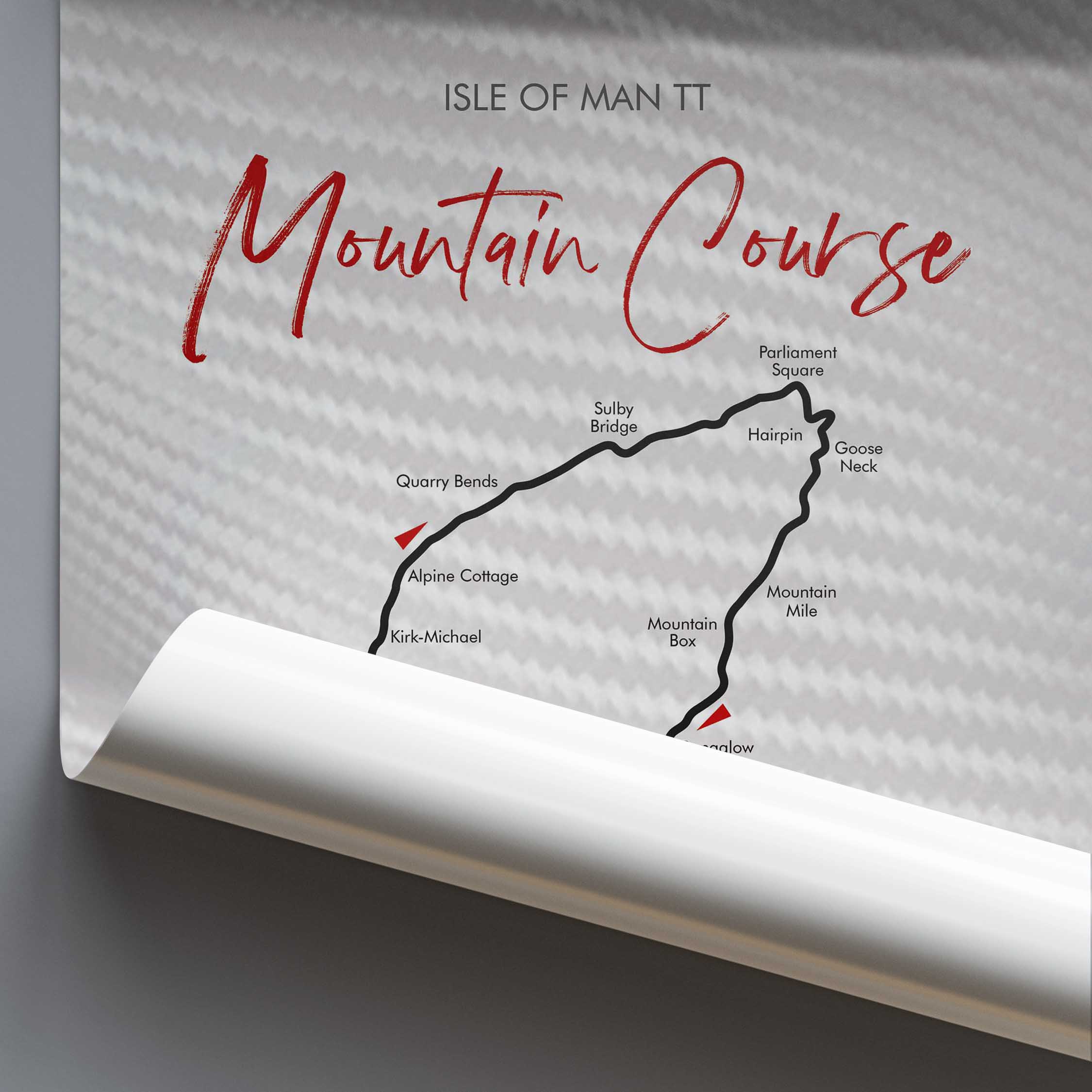 Map of the Isle of Man TT Mountain Course with red text on a textured gray background