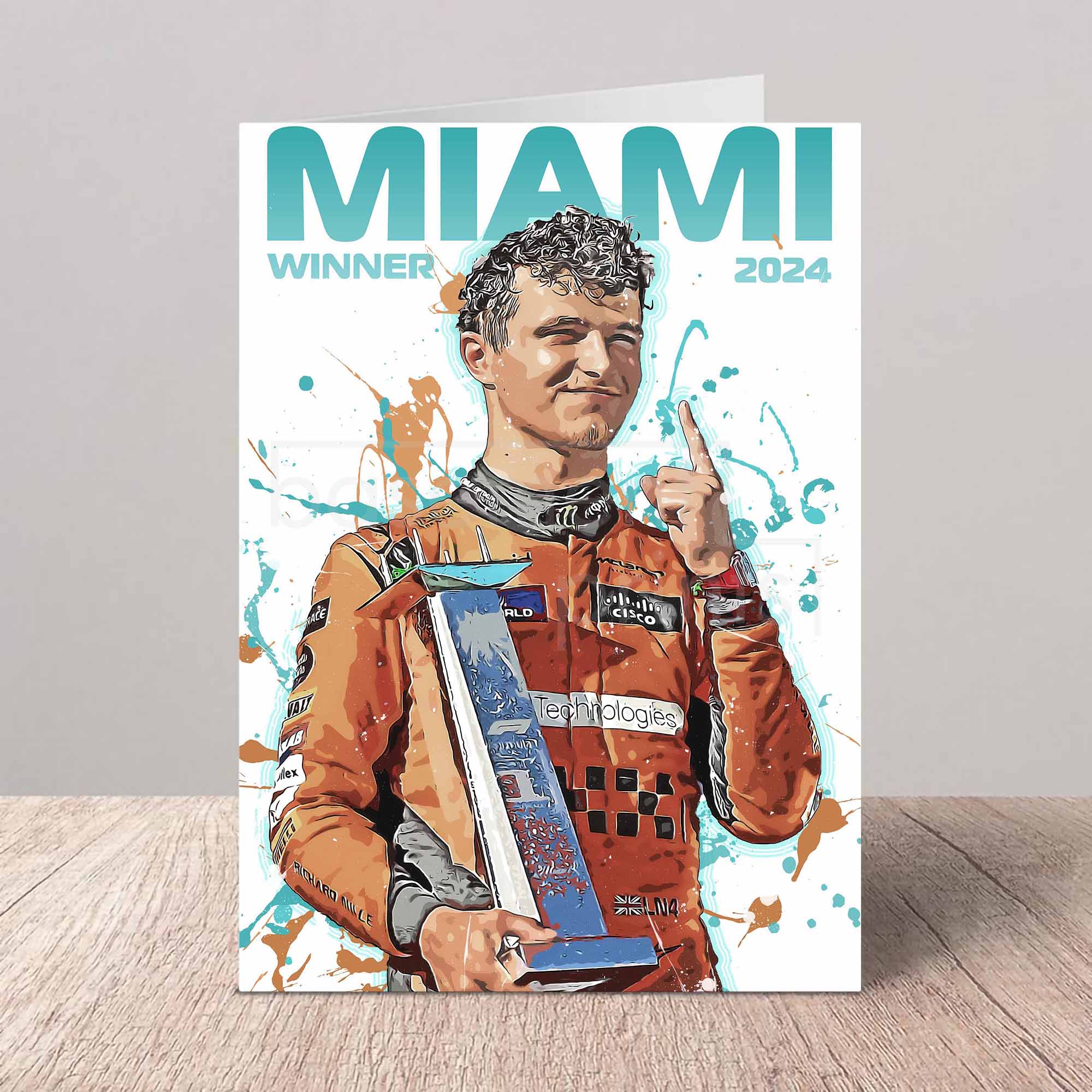 Greeting card of Lando Norris in a racing suit holding an award, with 'MIAMI WINNER 2024' text on a gray background.