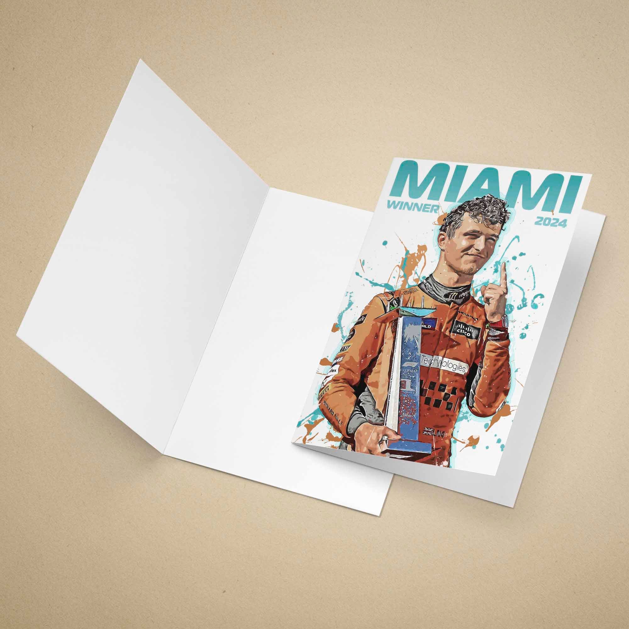 Greeting card with Lando Norris holding a trophy and 'Miami Winner 2024' text on a beige background