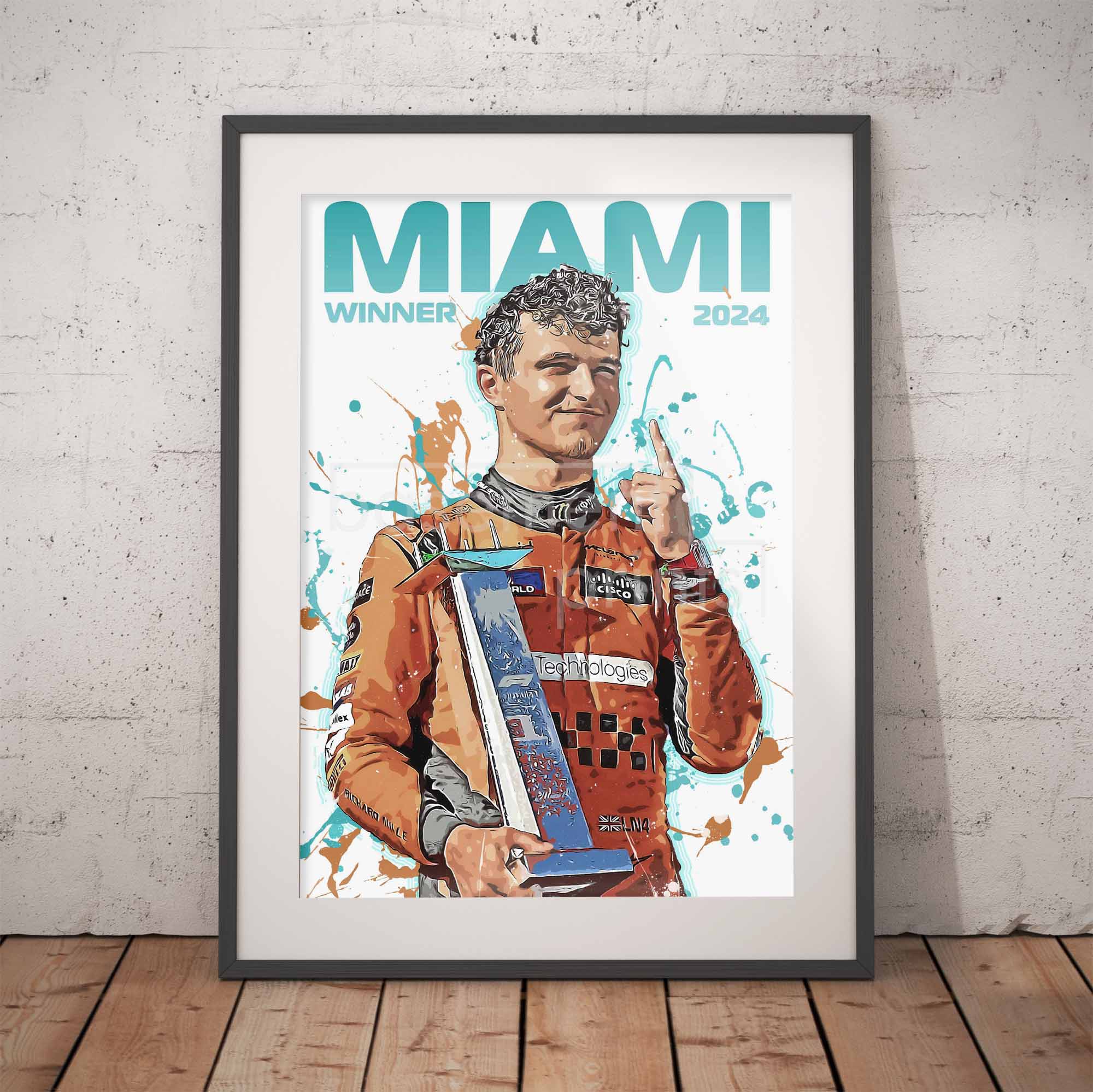 Framed poster of Lando Norris holding his trophy, with 'MIAMI WINNER 2024' text on a white background.