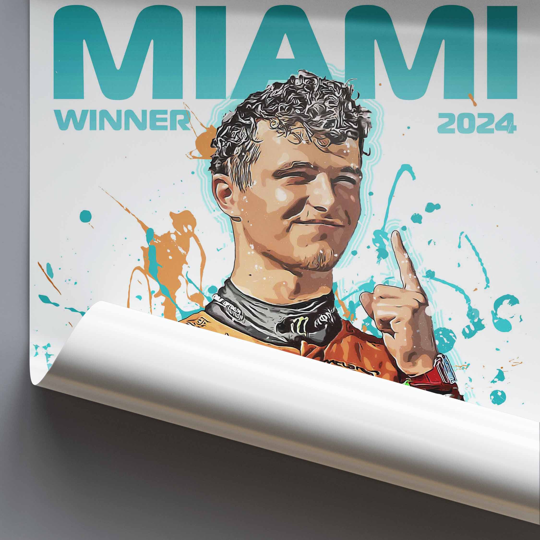 Poster of a Lando Norris with 'MIAMI WINNER 2024' text on a colourful background