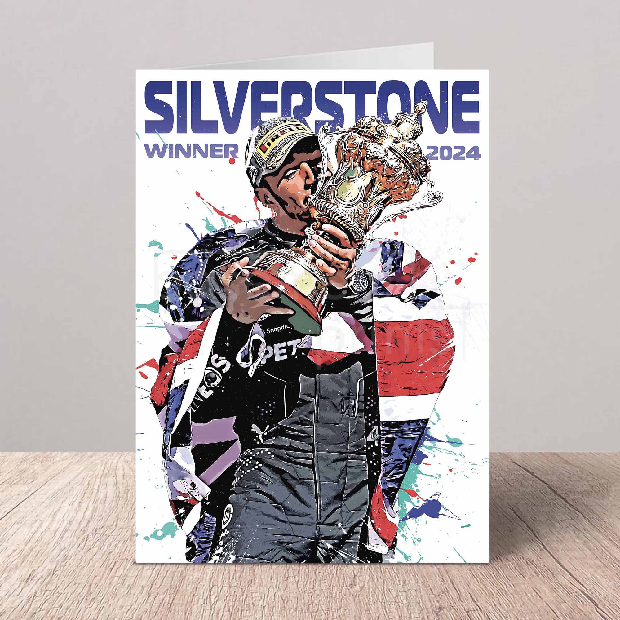 Poster of Lewis Hamilton holding a trophy with 'Silverstone Winner 2024' text on a white background.