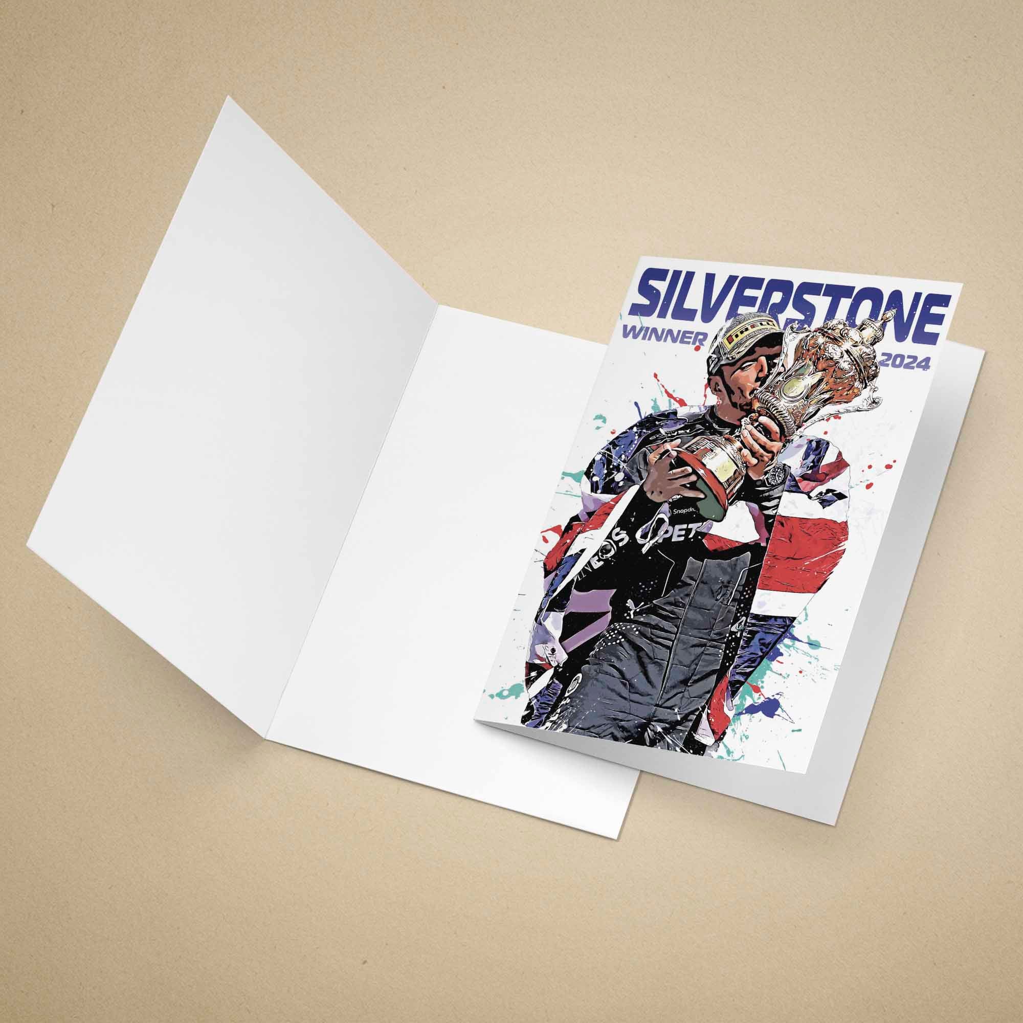 Greeting card with Lewis Hamilton holding a trophy and 'Silverstone Winner 2024' text on a beige background