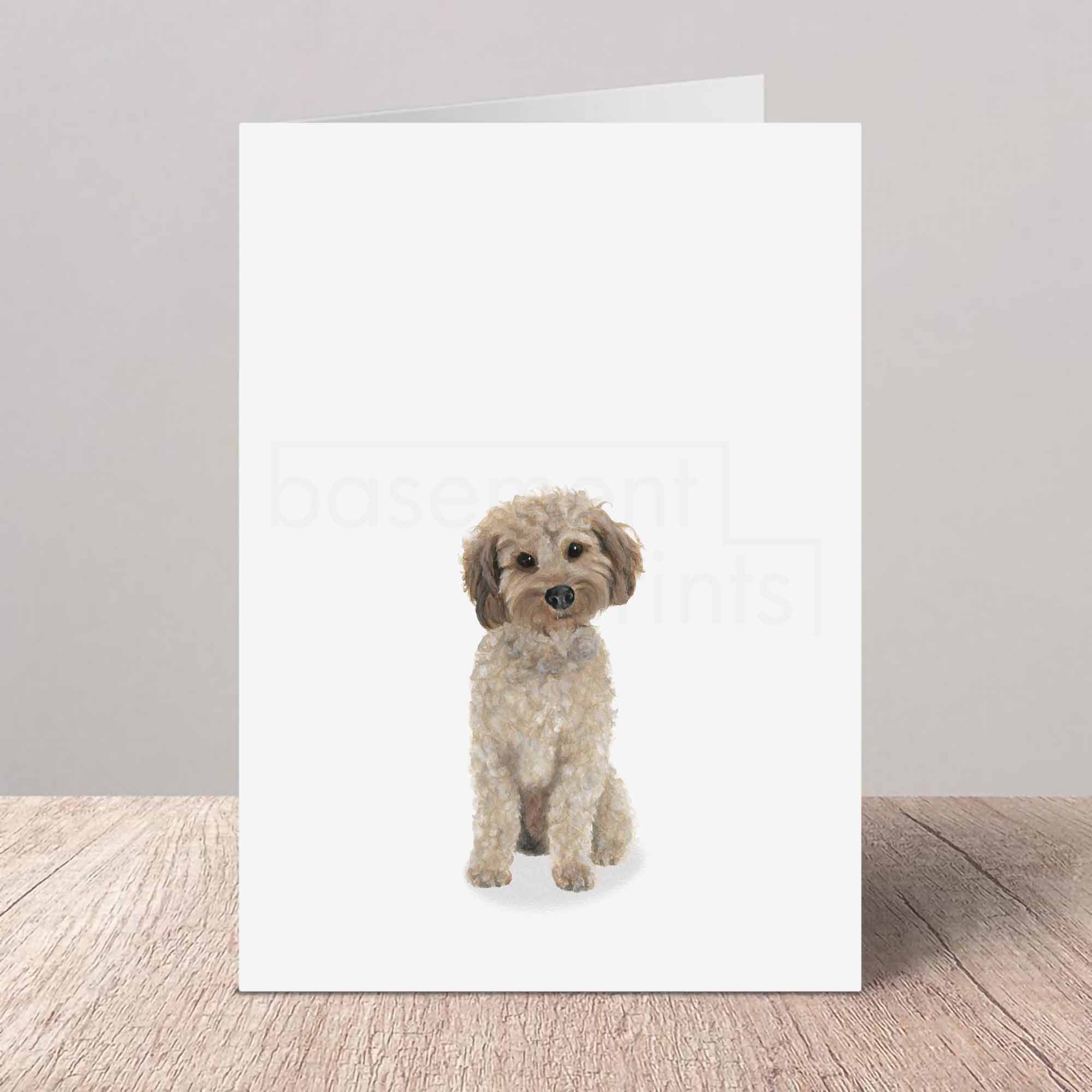 Greeting card with a light brown Cockapoo on a white background