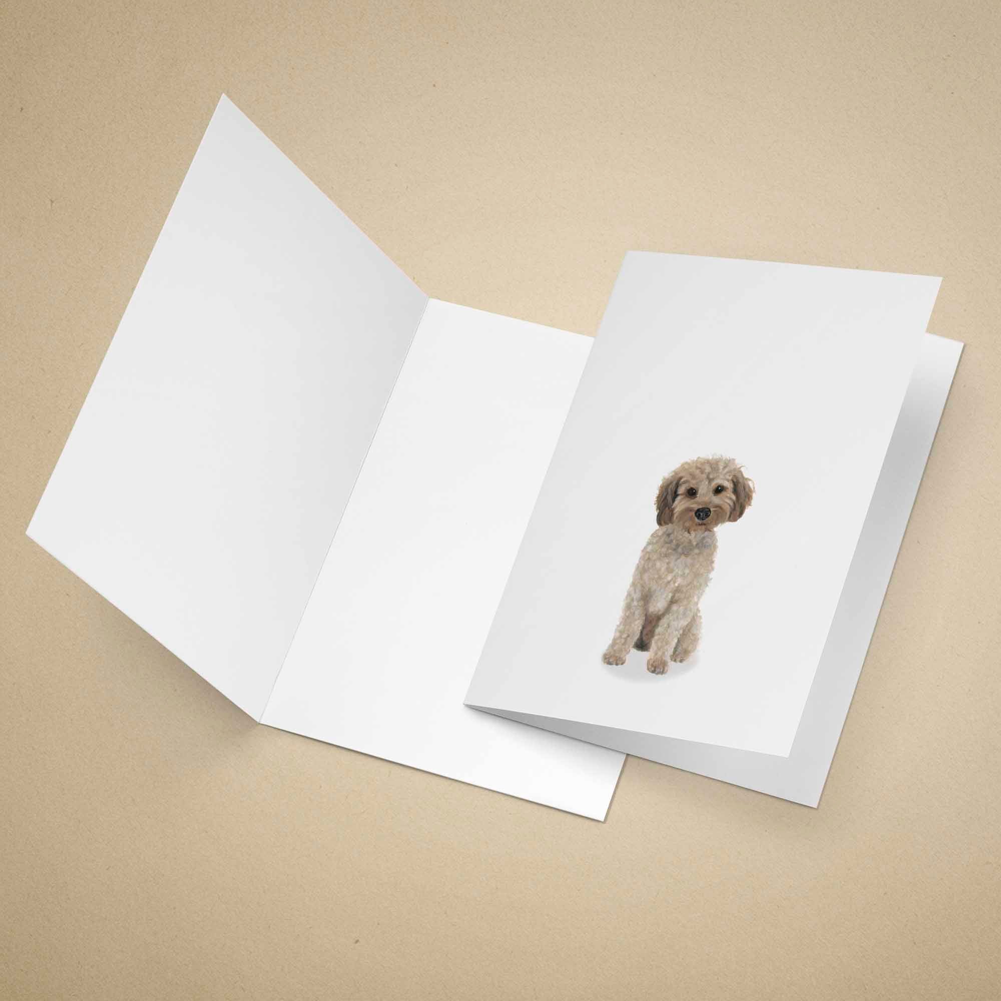 Greeting card with a light brown Cockapoo on a beige background