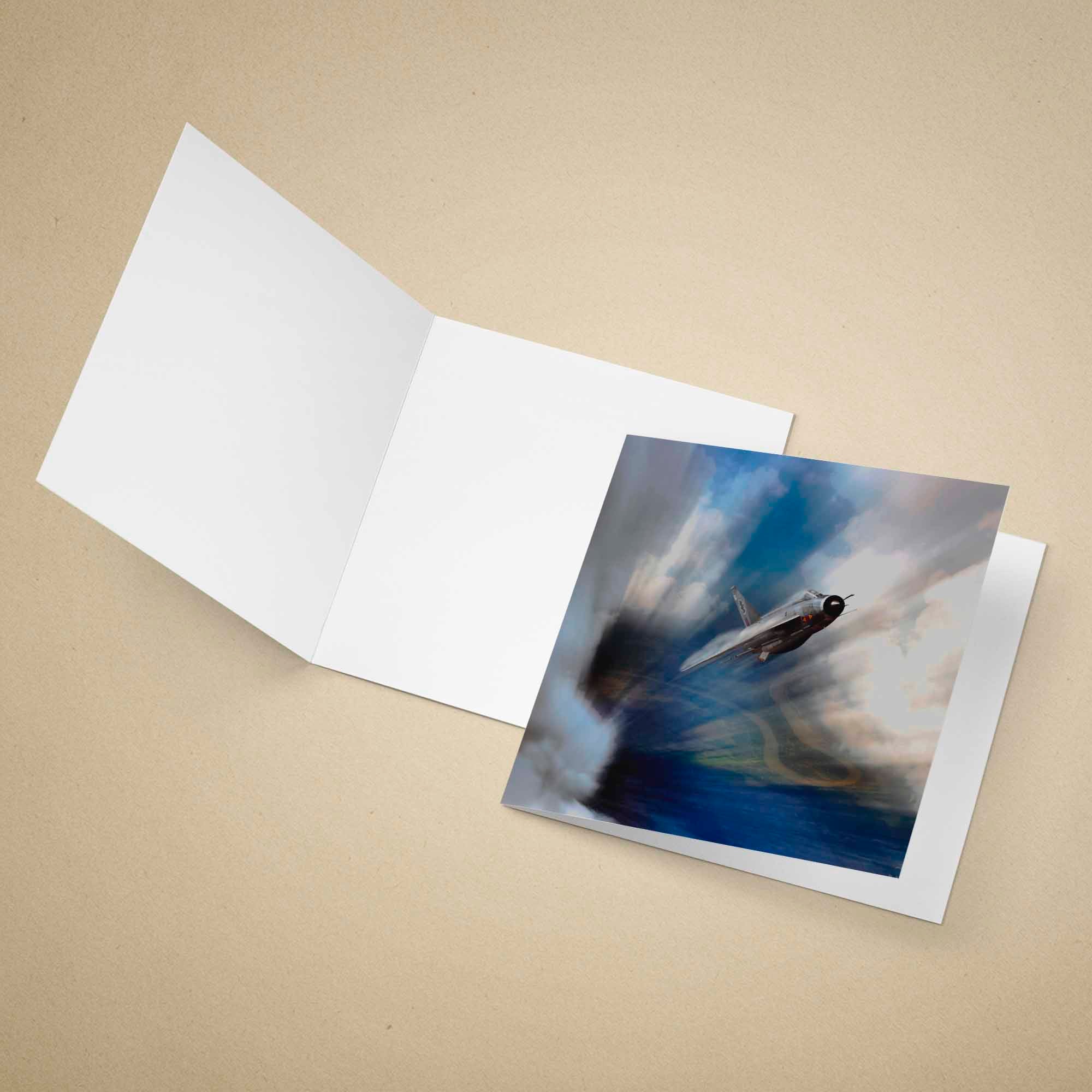 Greeting card with an English Electric Lightning aircraft and an open card on a beige background