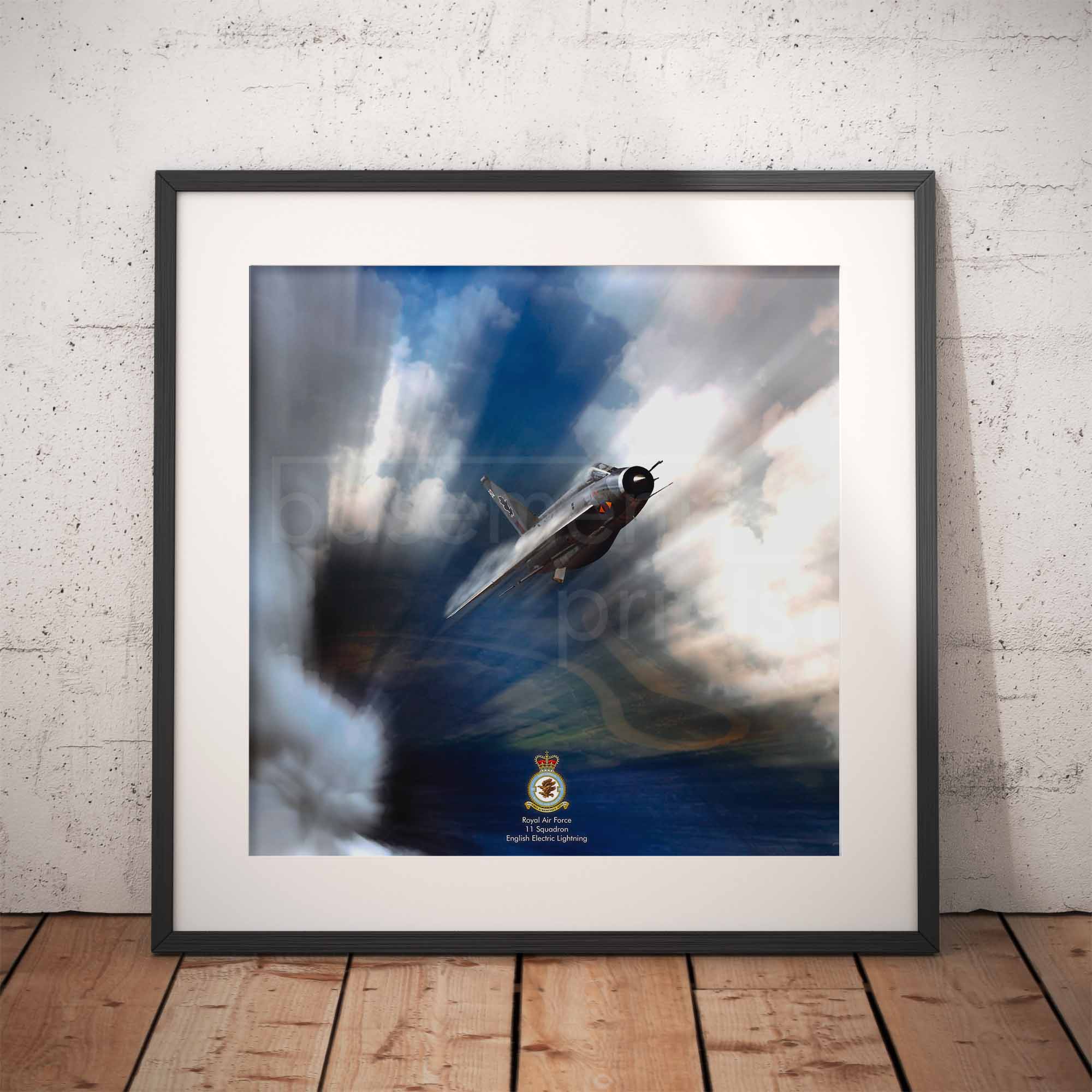 Framed artwork of an English Electric Lightning airplane flying through clouds on a textured wall.