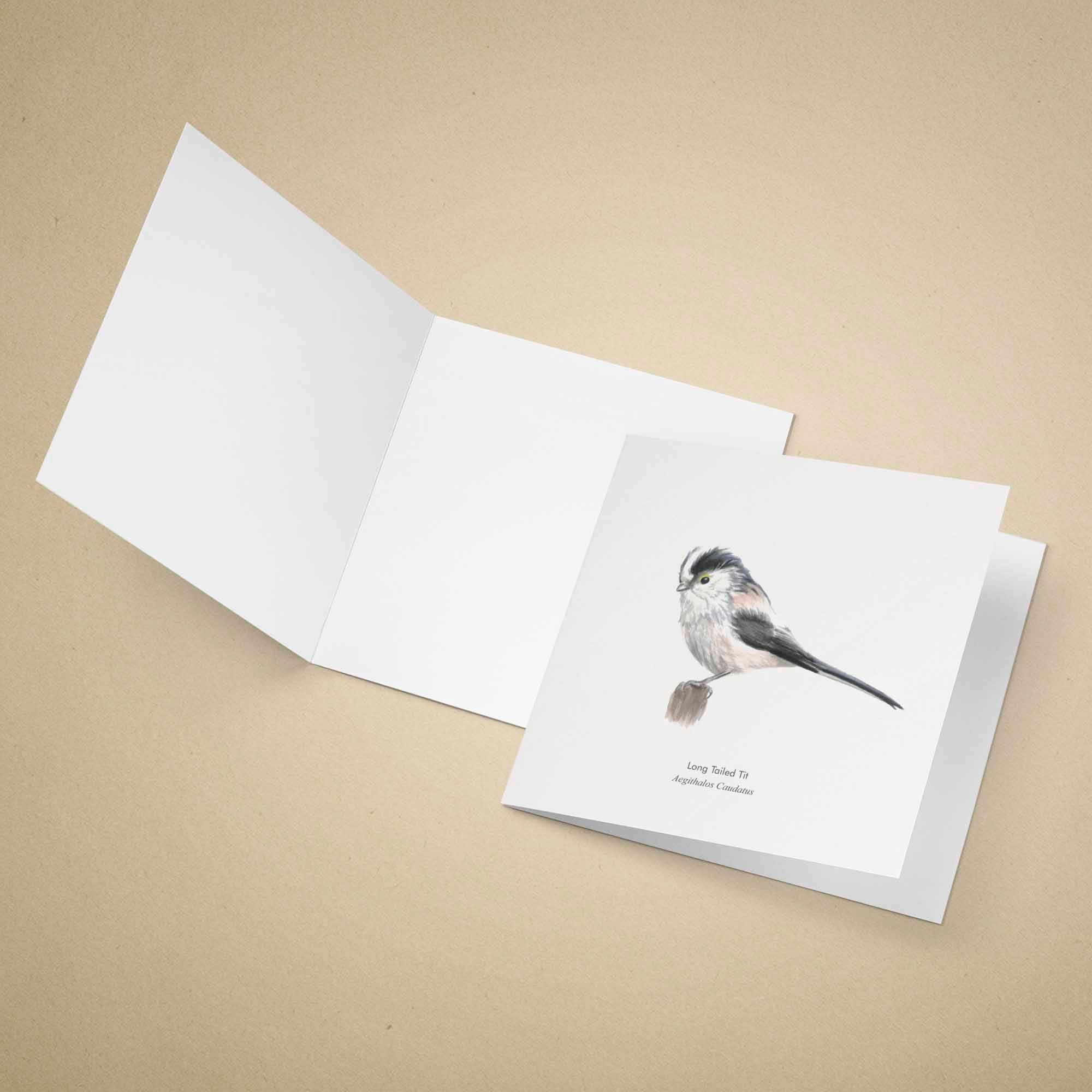 Greeting card with a long tailed tit watercolour on a beige background