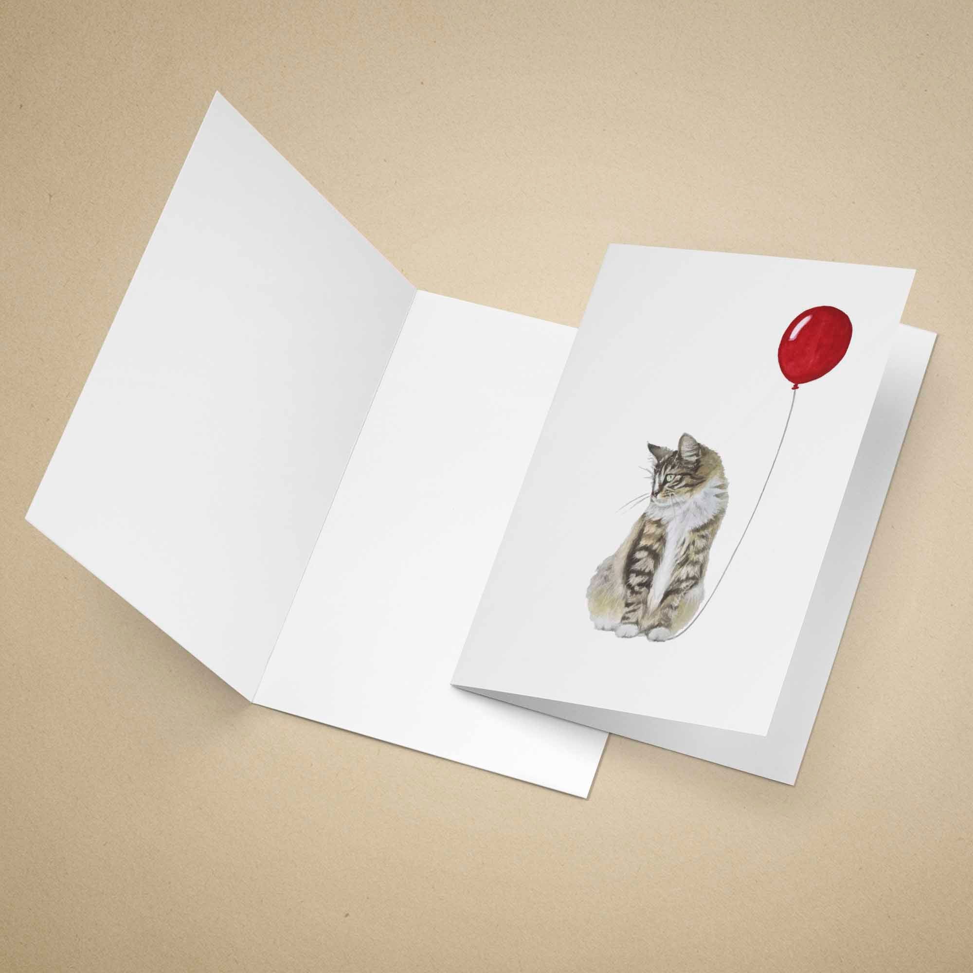 Greeting card with a Maine Coon cat and a balloon illustration on a beige background