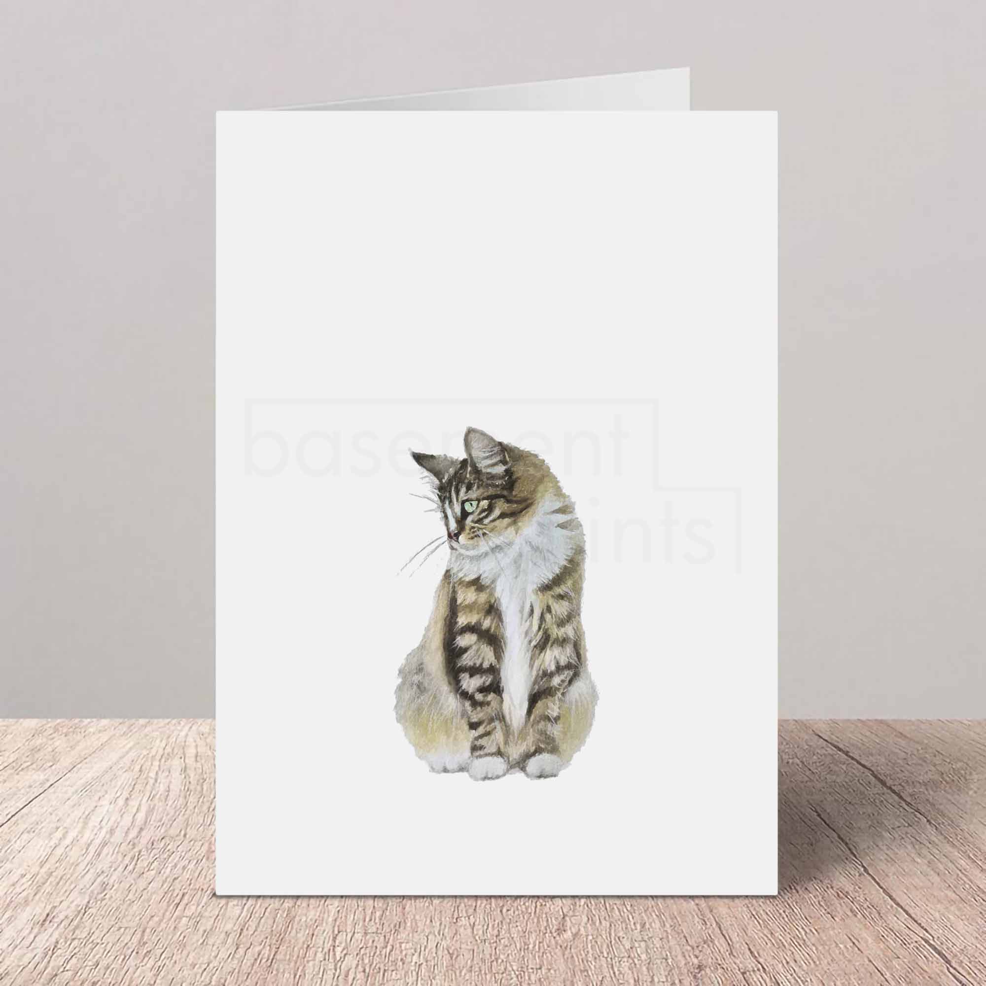 Greeting card with a Maine Coon cat illustration on a white background