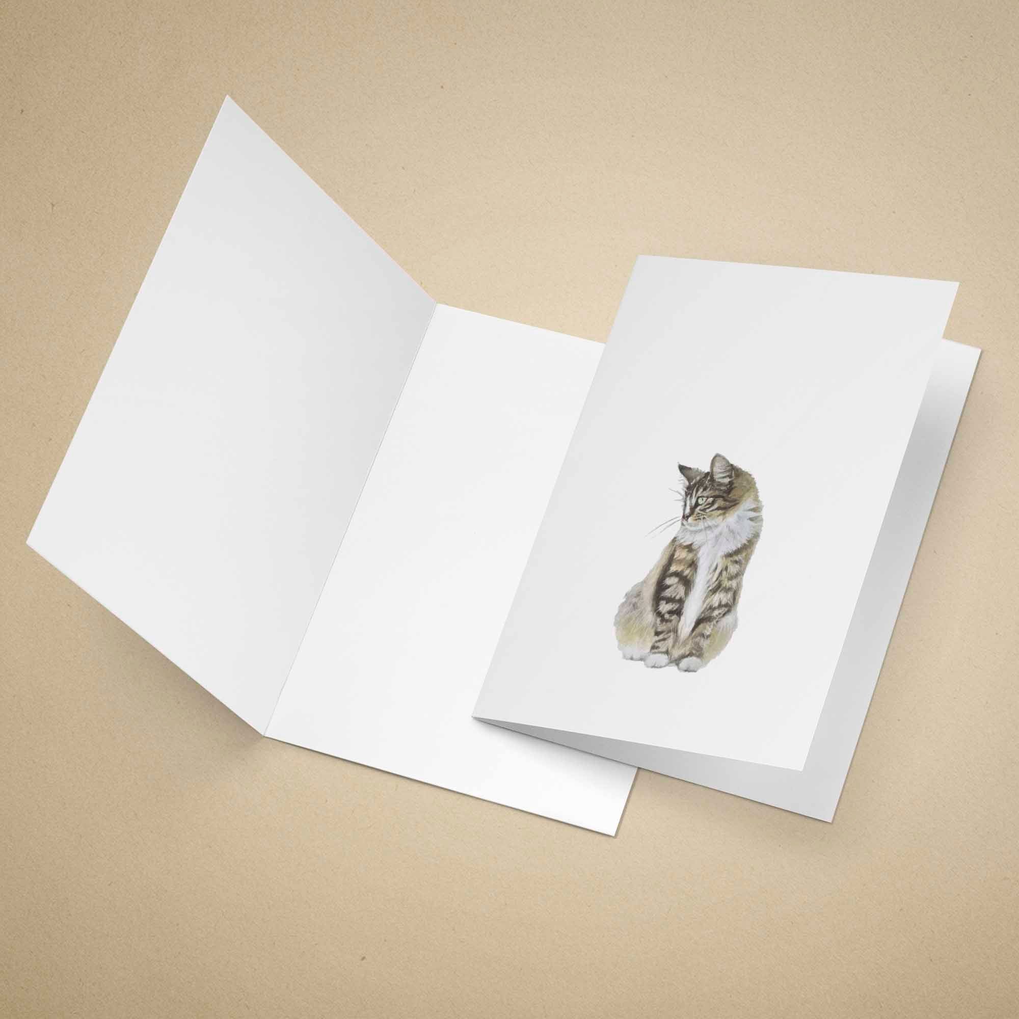 Greeting card with a Maine Coon cat illustration on a beige background