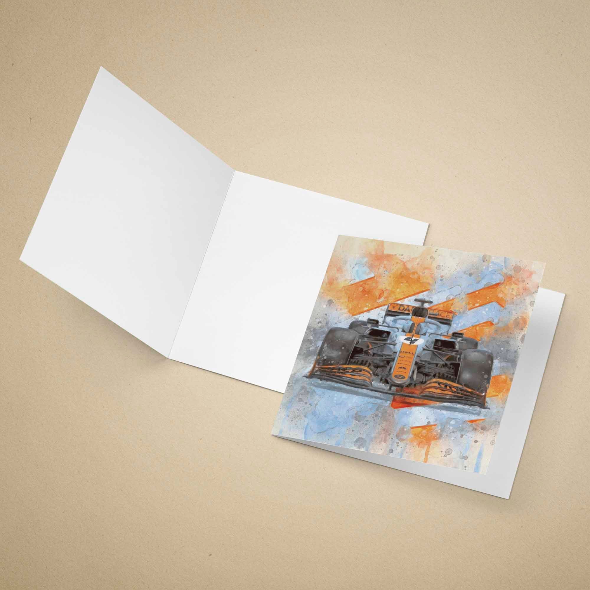 McLaren F1 car in Gulf Livery print on a textured surface with a beige background