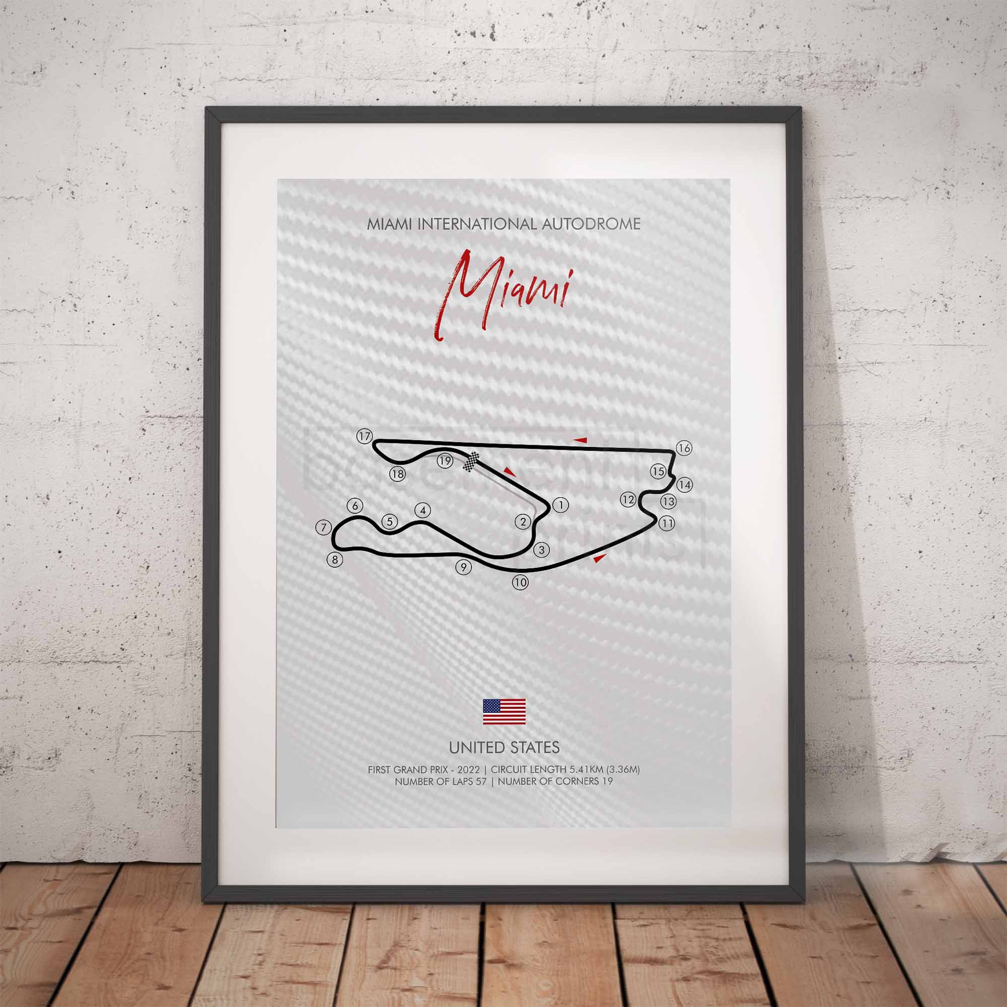 Framed poster of Miami International Autodrome track layout on a textured wall background