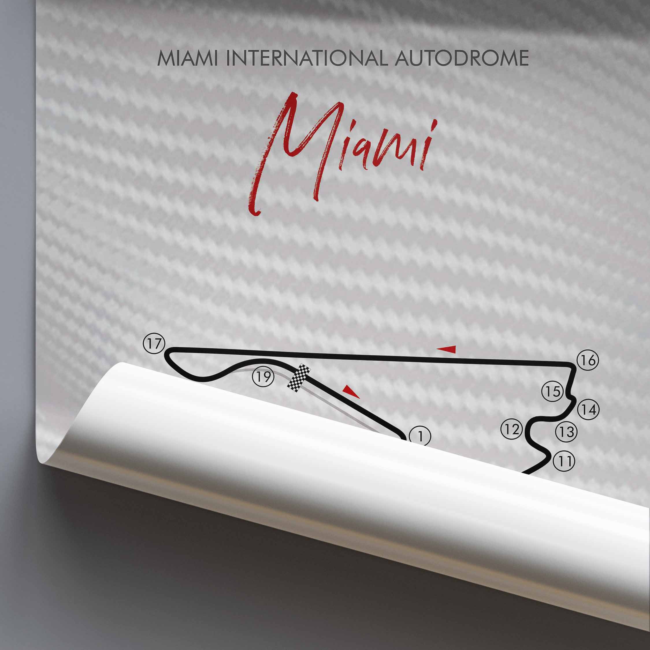 Rolled poster of Miami International Autodrome with carbon fiber pattern background
