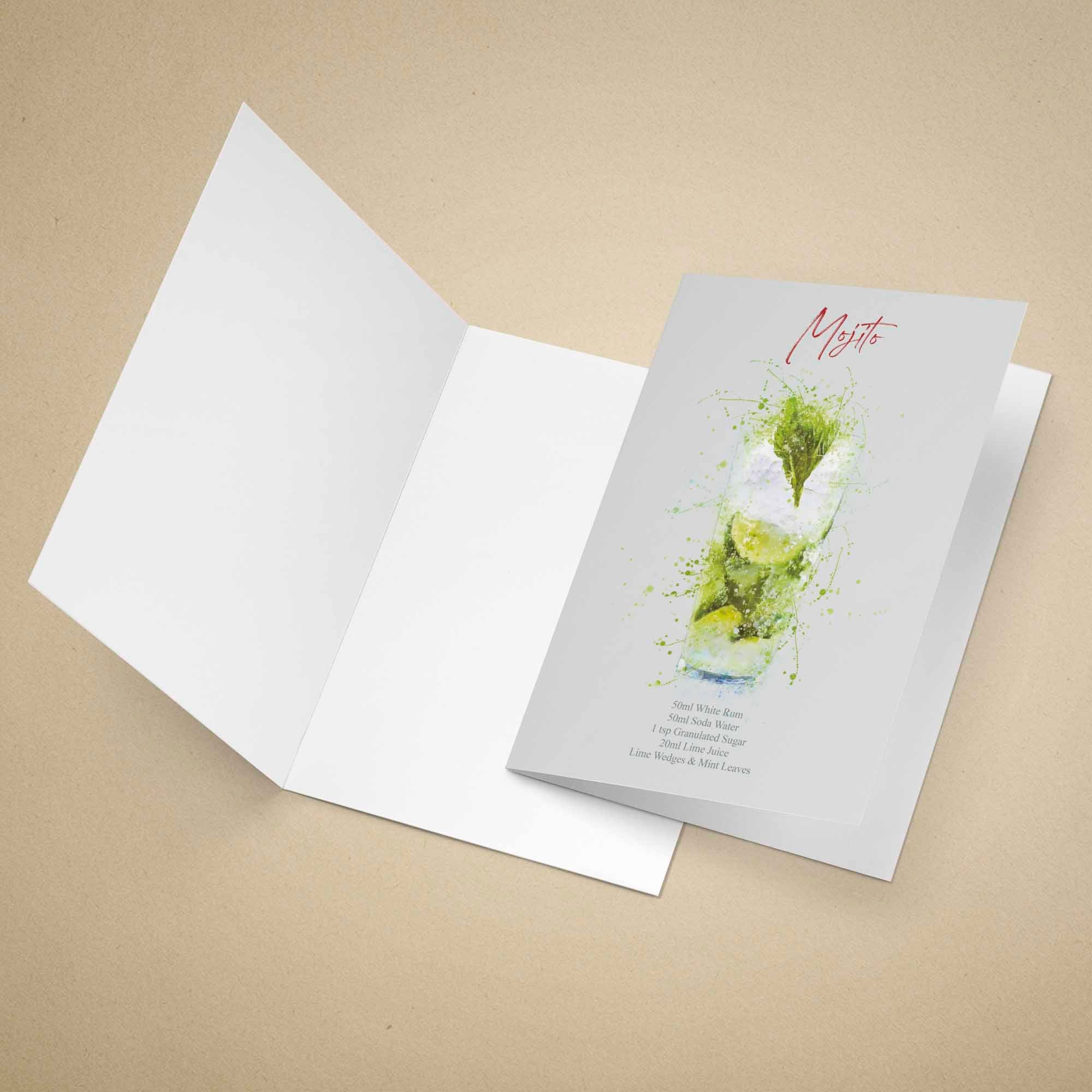 Greeting card with a mojito cocktail illustration on a beige background