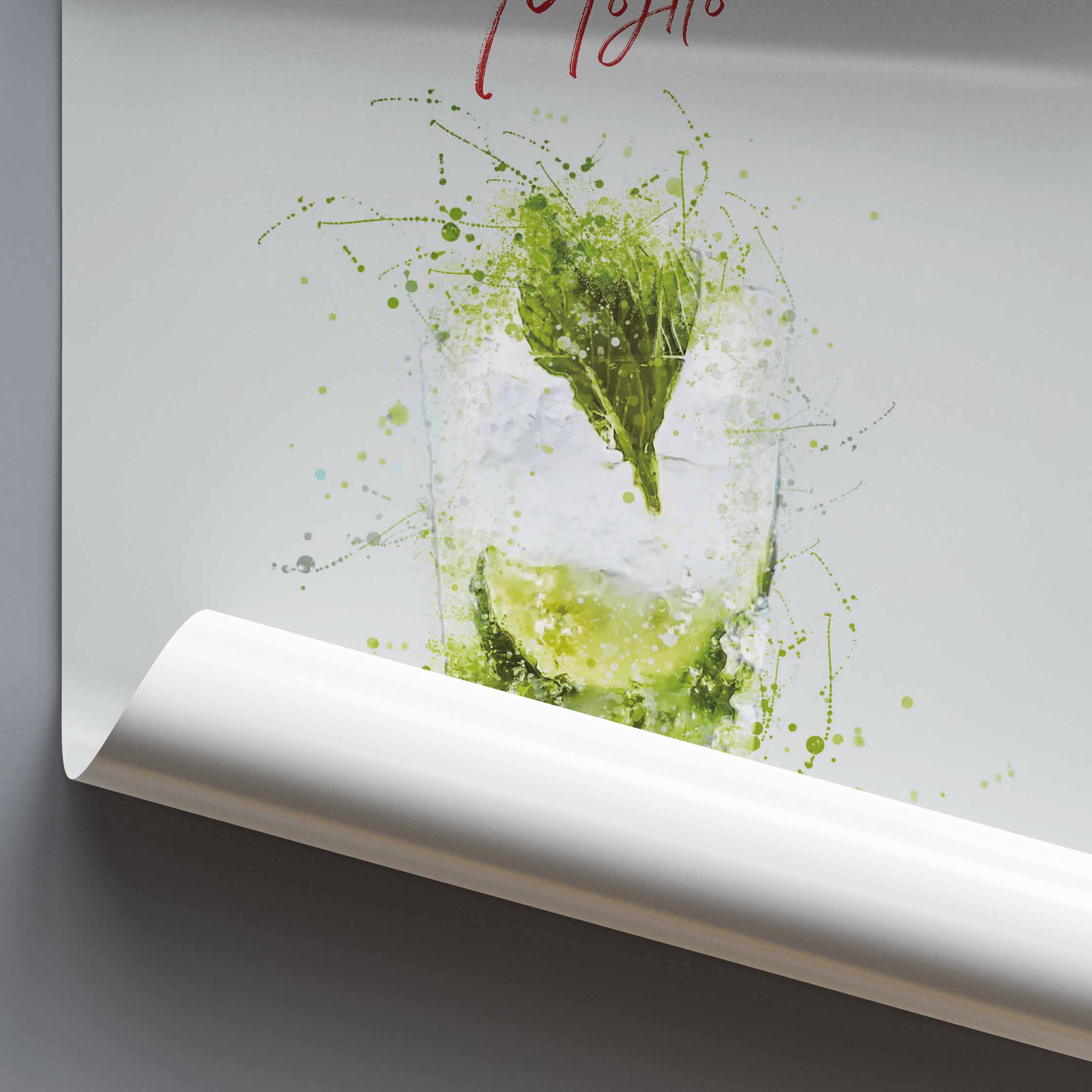Framed artwork of a cocktail with lime and mint leaves on a white background