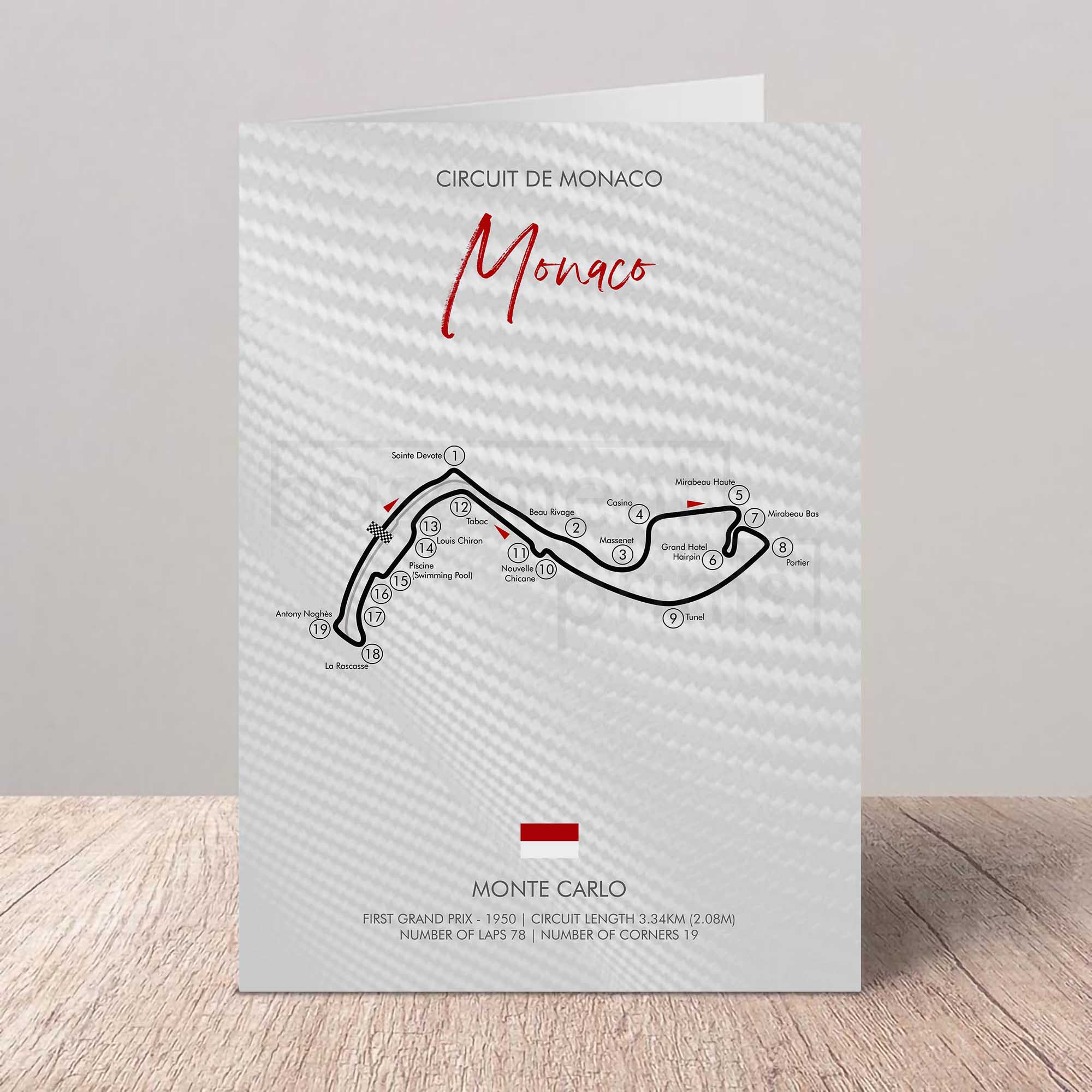 Map of the Circuit de Monaco on a textured card with 'Monaco' written above.