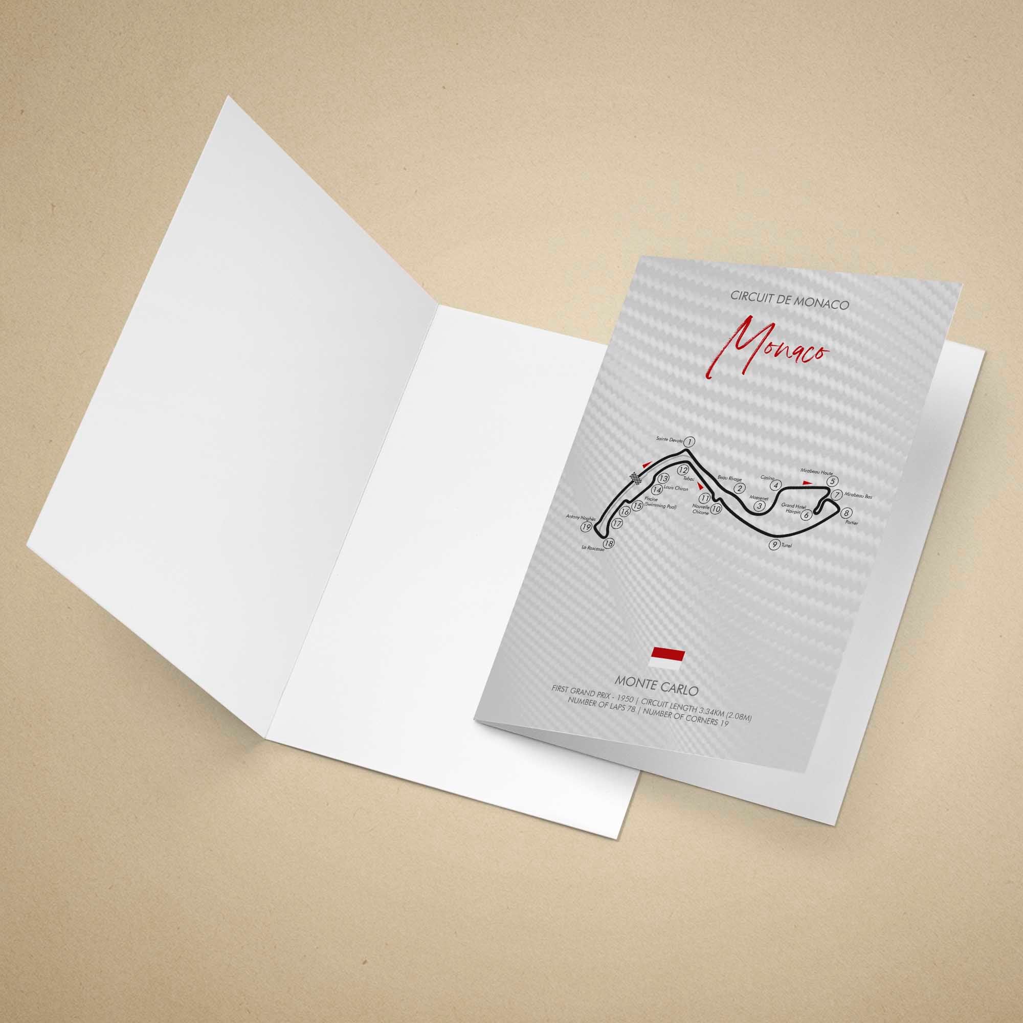 Greeting card with Monaco circuit design on a beige background