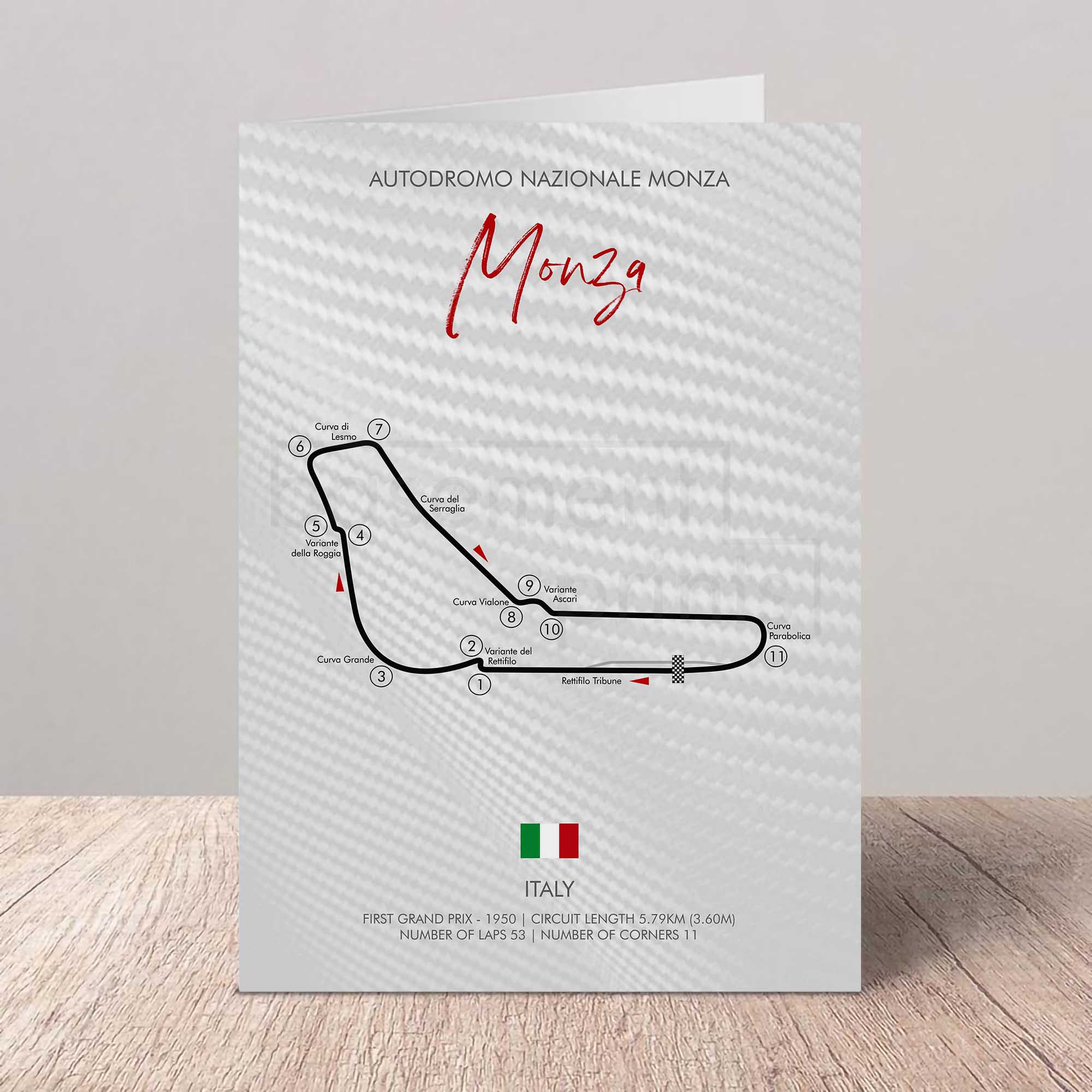 Map of the Monza Formula One circuit on a textured card with 'Monza' written above.