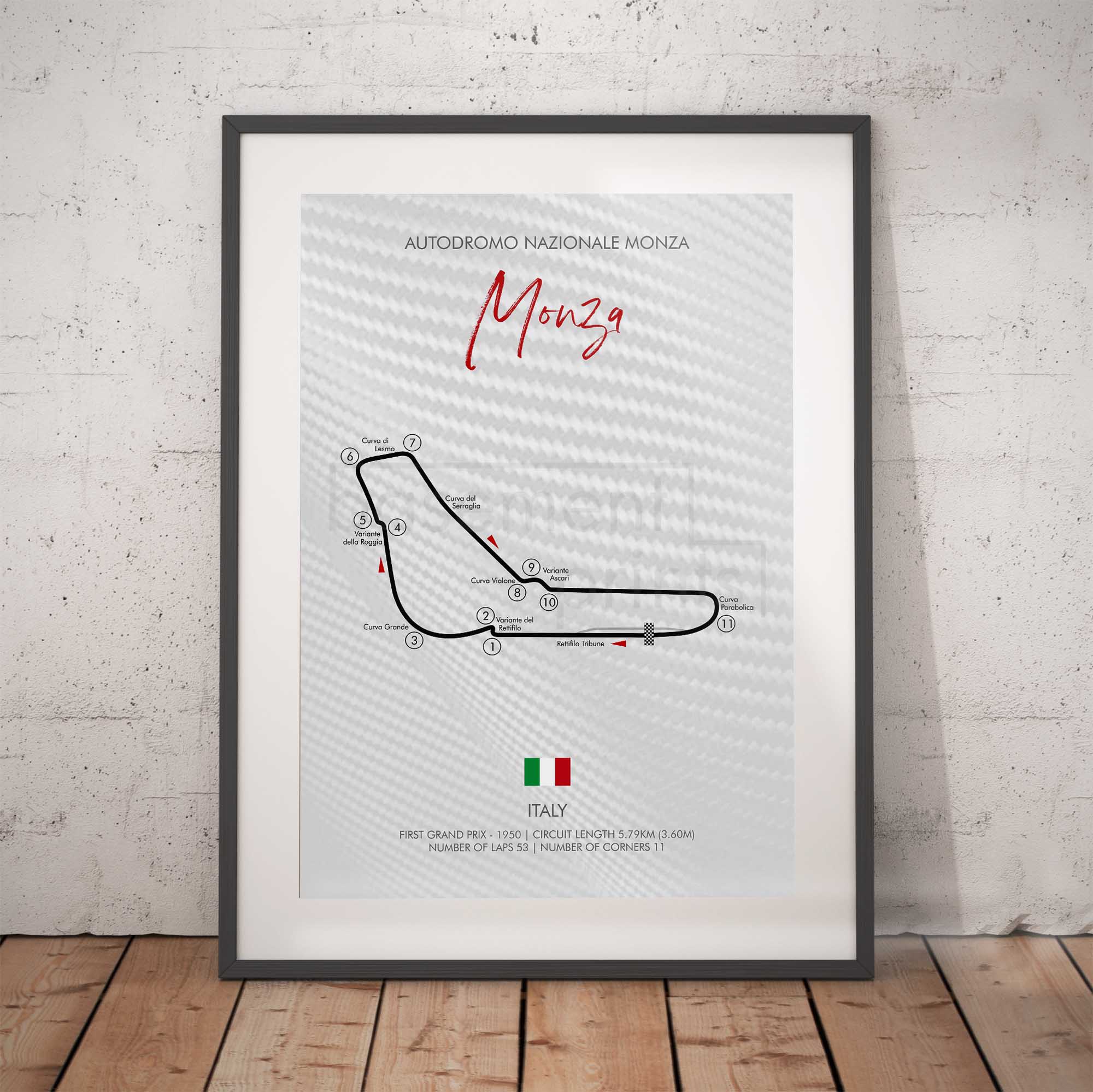 Framed poster of the Monza race track design on a white brick wall.