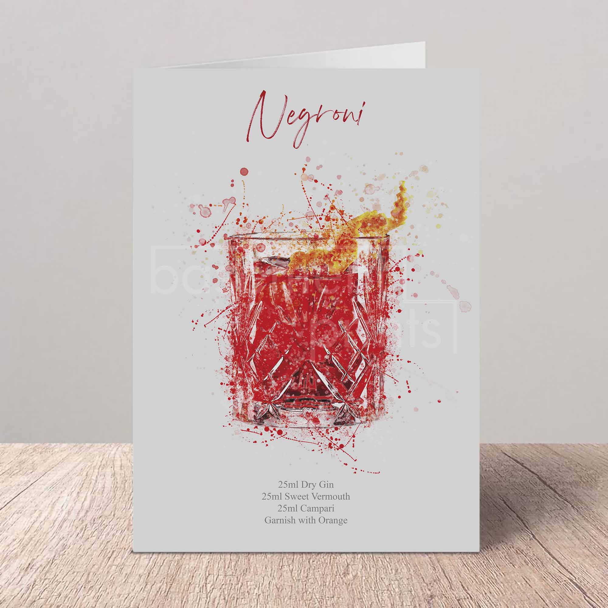 Greeting card with a Negroni cocktail illustration on a white background