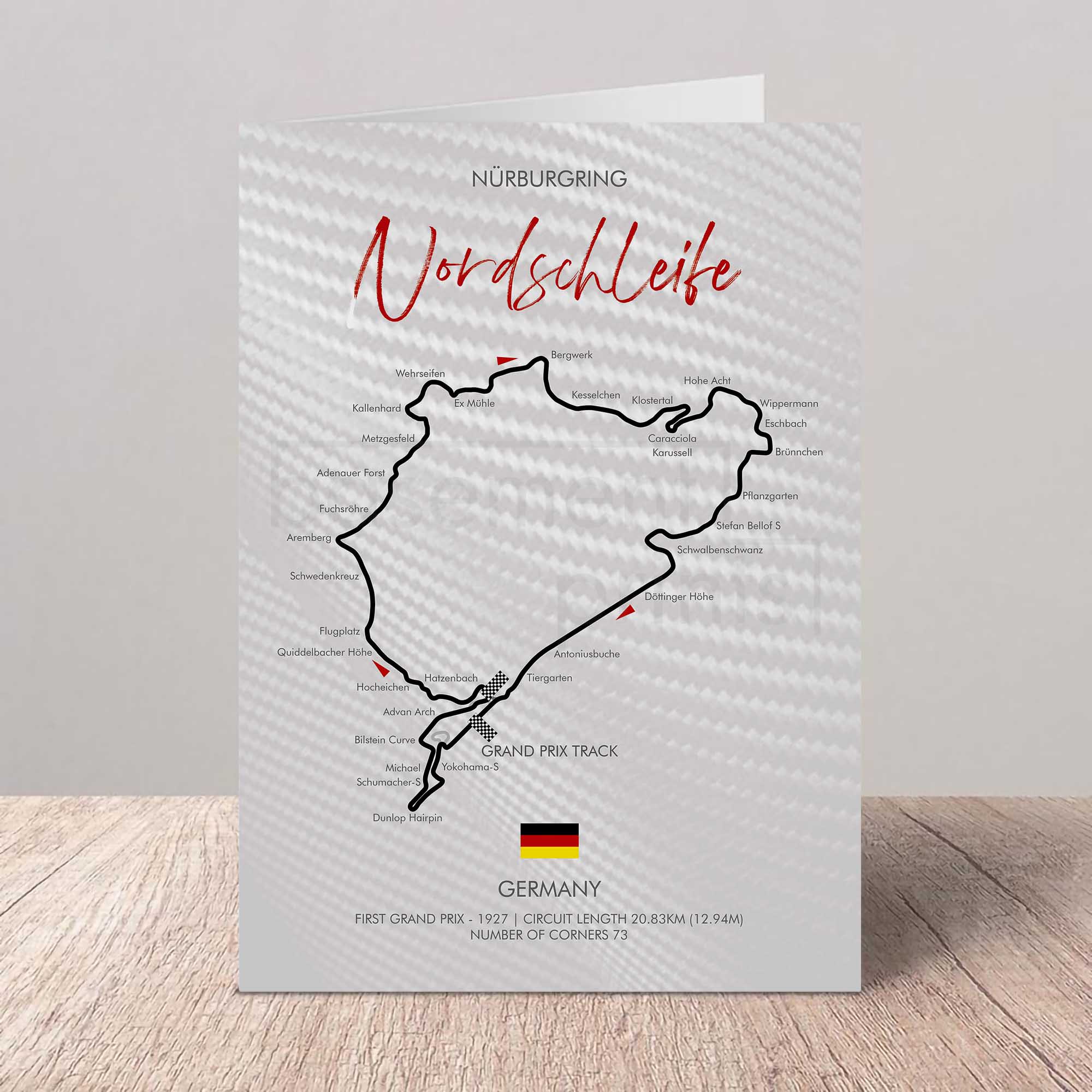 Map of Nordschleife at Nürburgring with text on a textured paper background