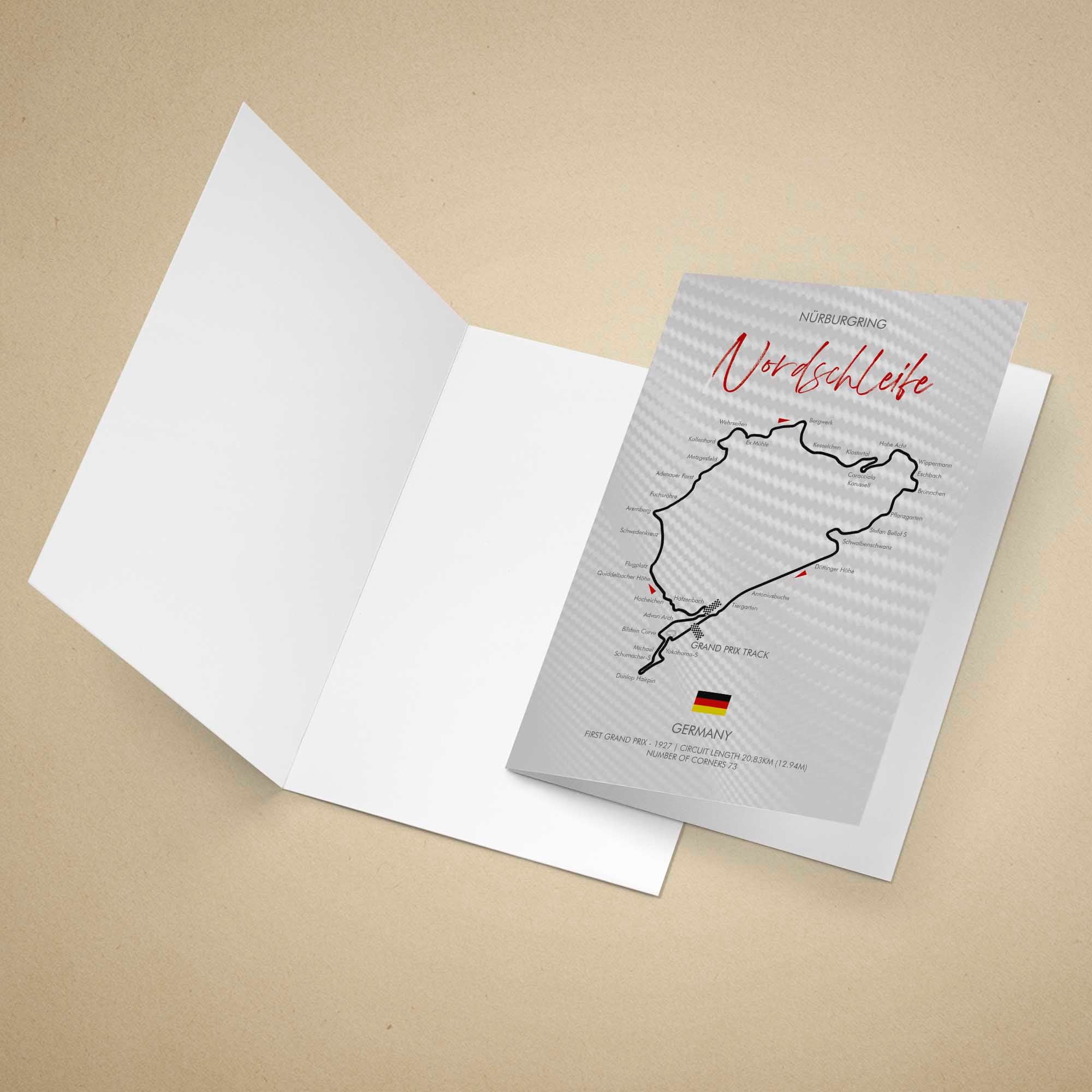 Greeting card with a map design of the Nurburgring on a beige background