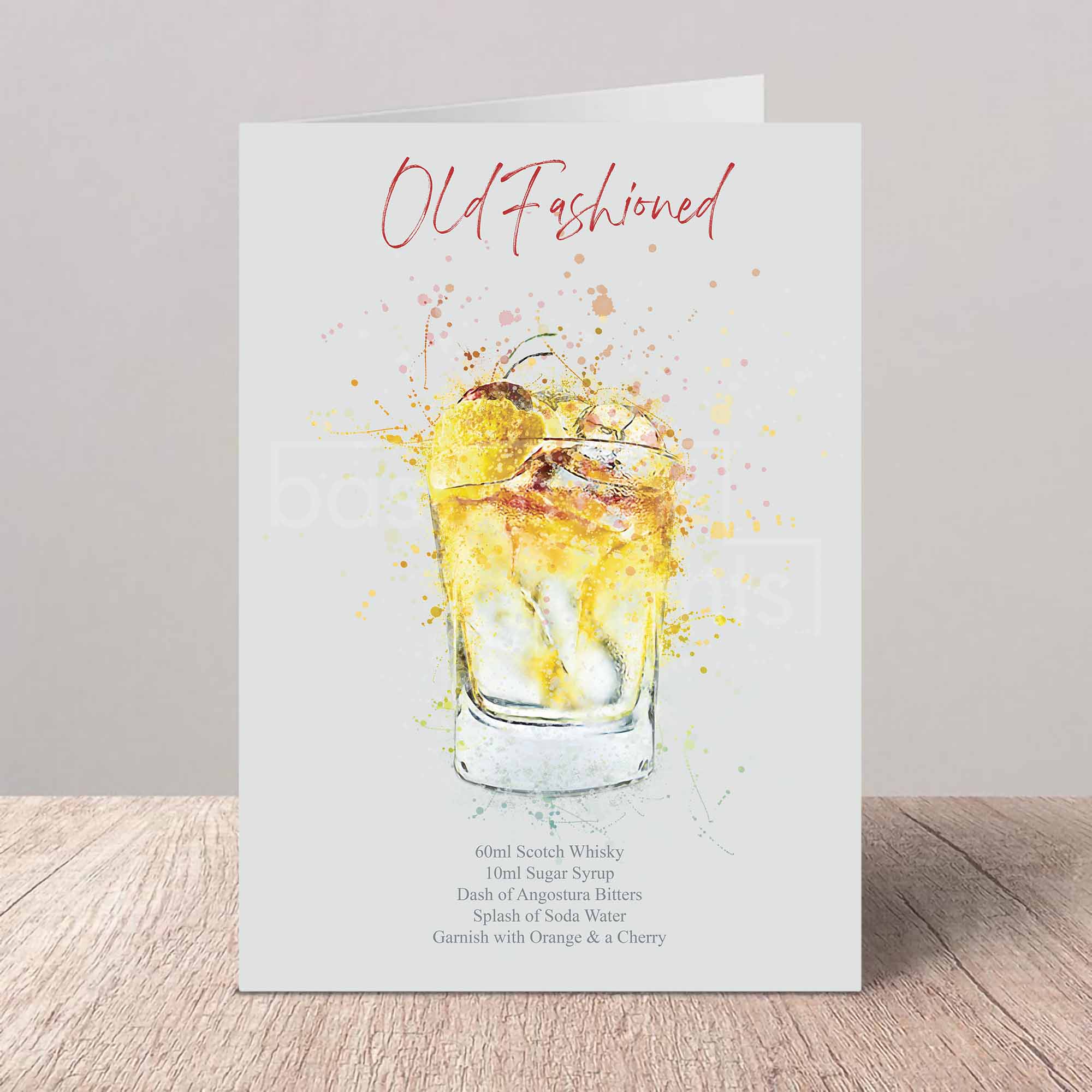 Card with an illustration of an old-fashioned cocktail and recipe on a wooden surface.