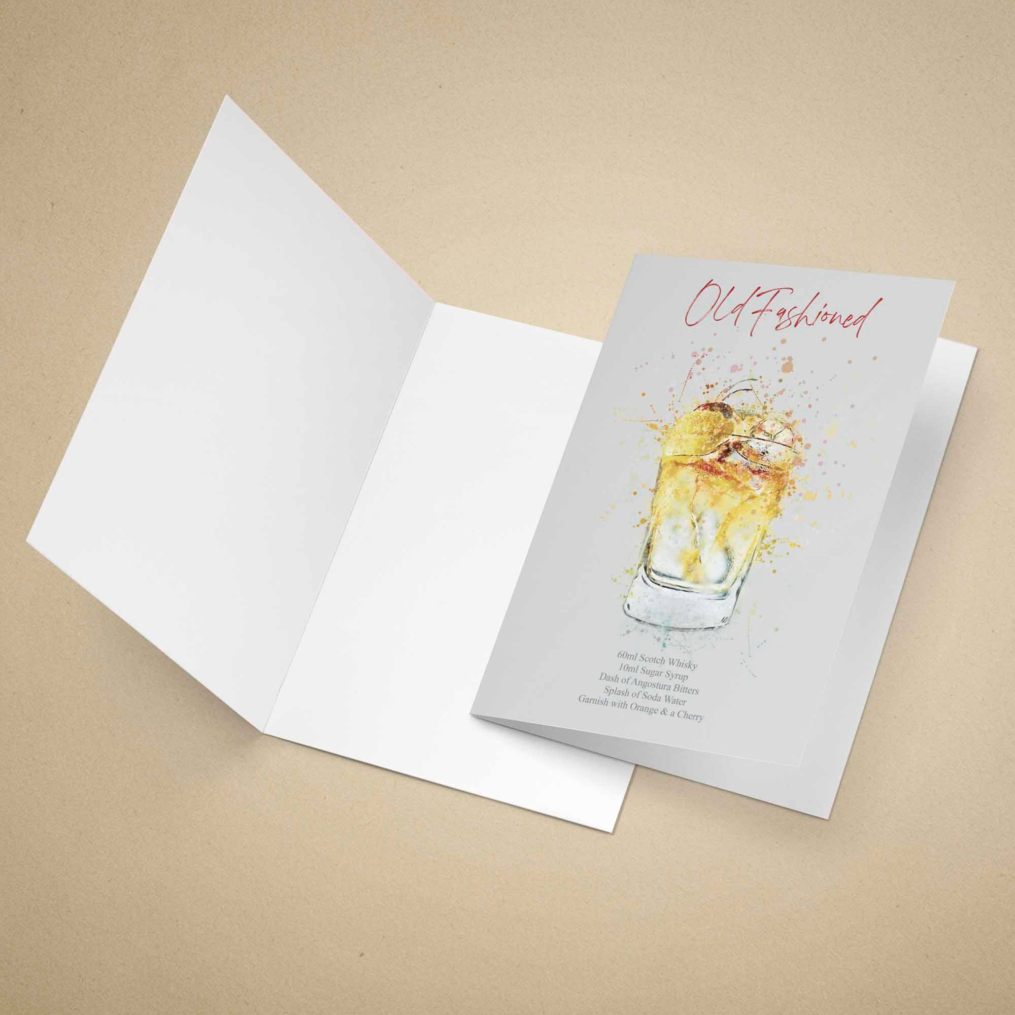 Greeting card with an illustration of an Old Fashioned cocktail on a beige background