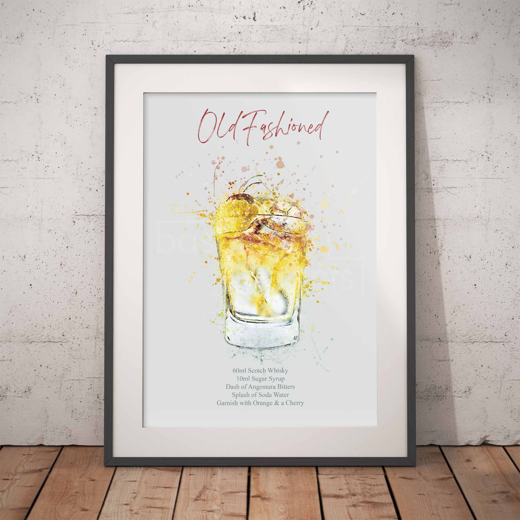 Framed artwork of an old fashioned cocktail with ingredients listed on a white background.