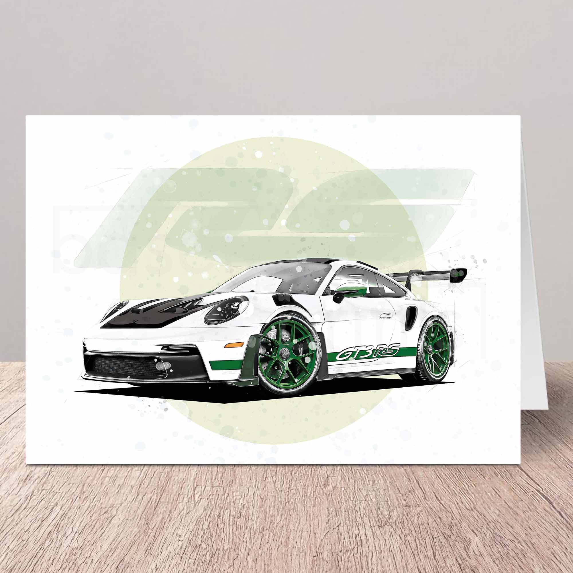 Greeting card of a Porsche 911 GT3 RS with a green circle on a white background.