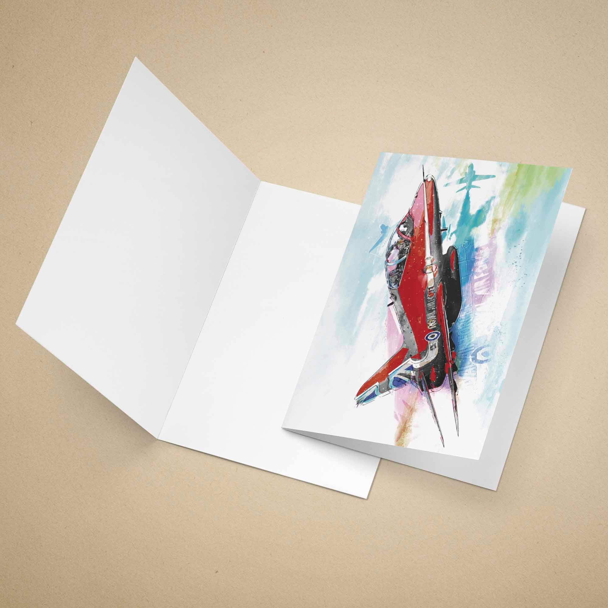 Greeting card with a watercolor design of a Red Arrows aircraft on a beige background
