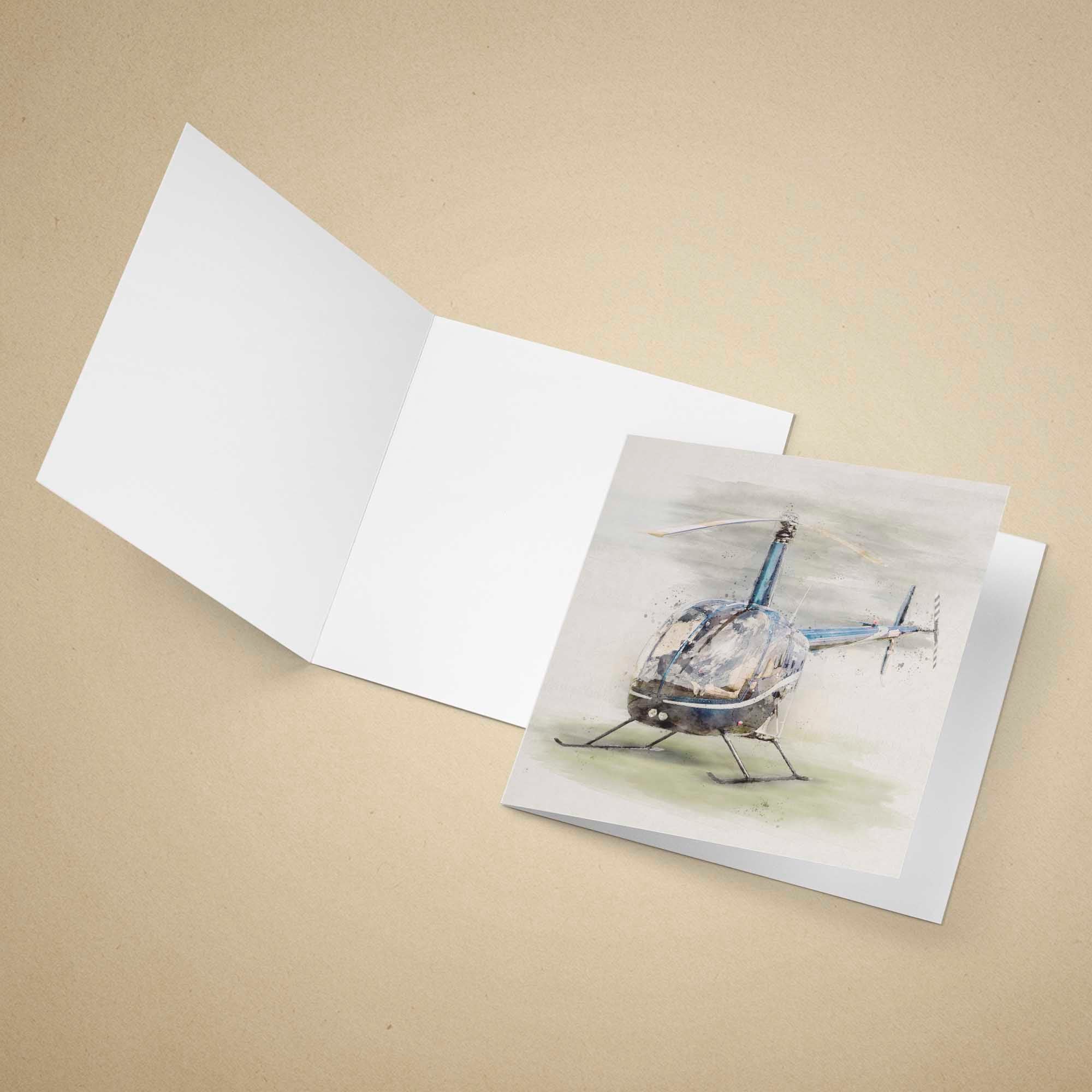 Greeting card with a Robinson R22 helicopter illustration on a beige background