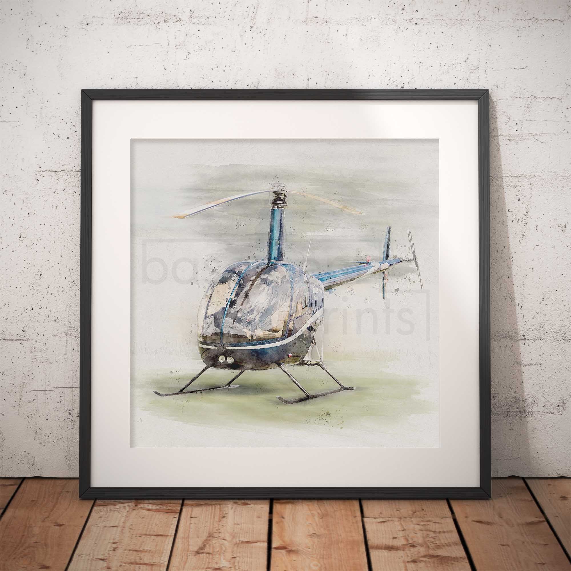 Framed artwork of an R22 helicopter in watercolour.
