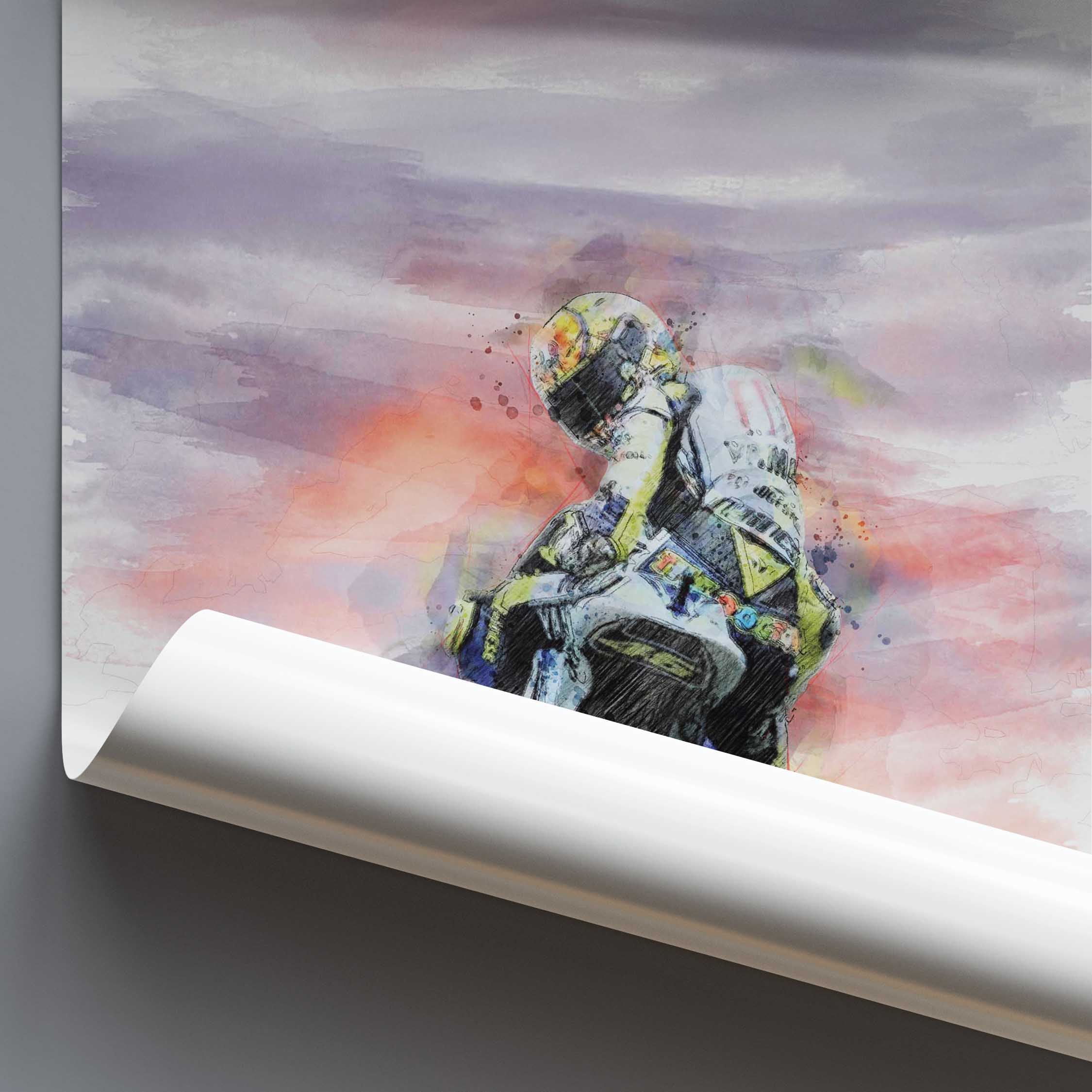 Abstract poster of a Valentino Rossi looking backwards against a multicoloured background