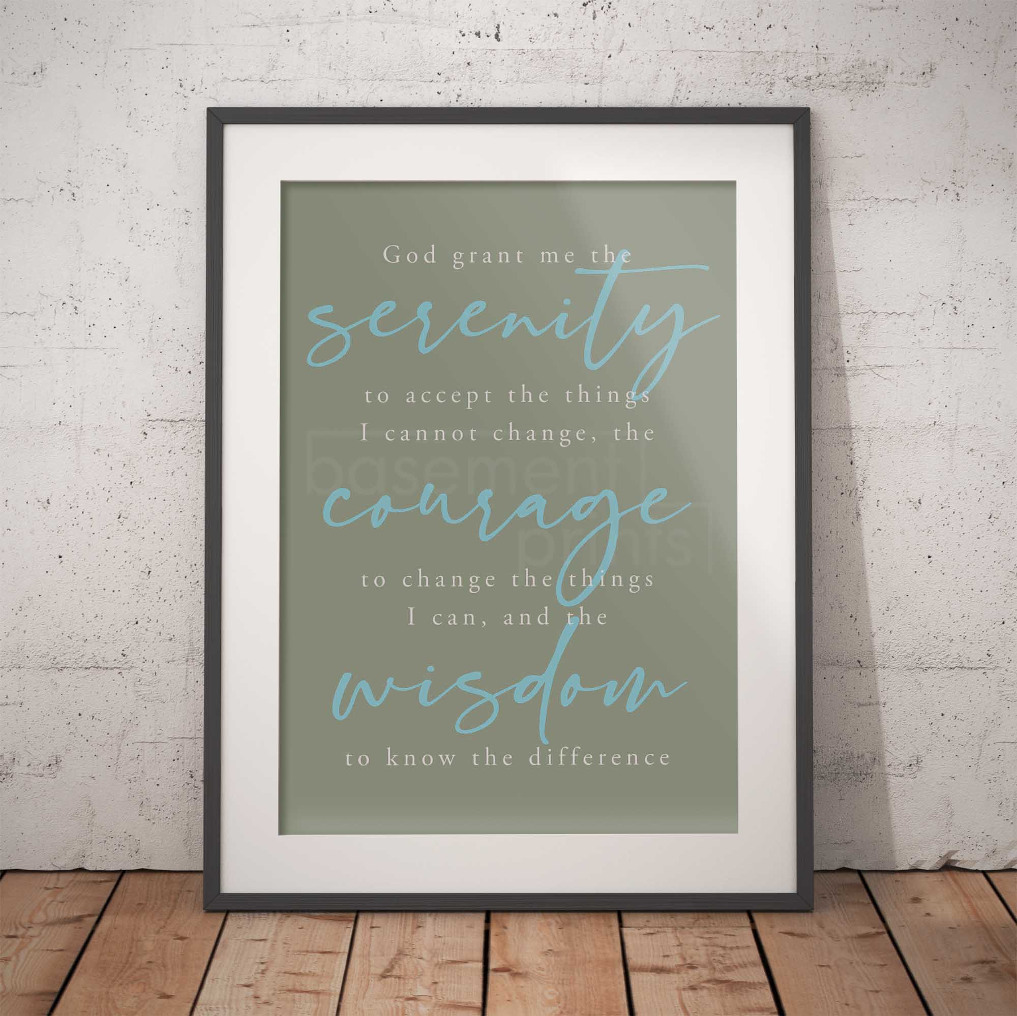 Framed print with Serenity Prayer on a brick wall background