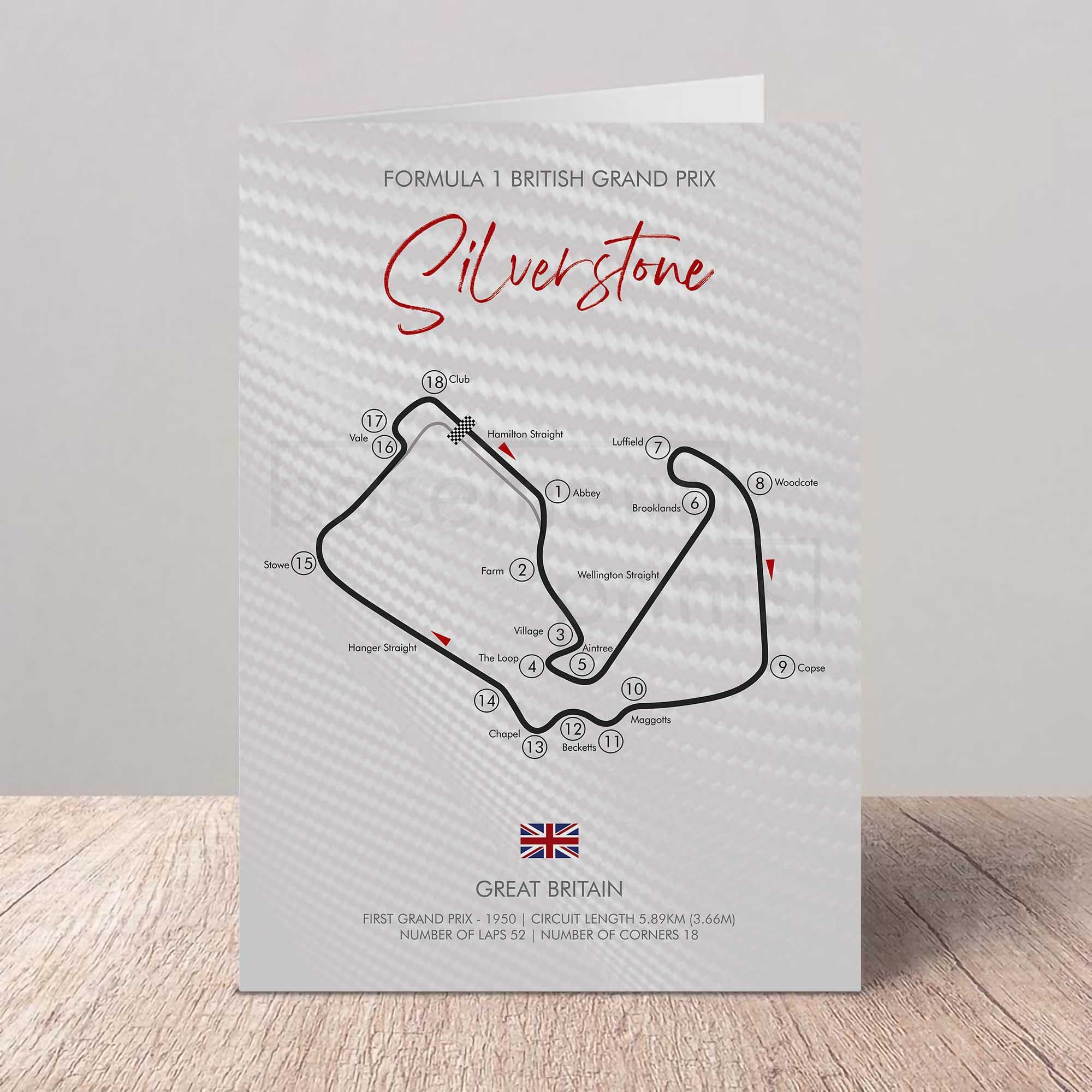 Greetings card of the Formula 1 British Grand Prix circuit at Silverstone on a textured surface.