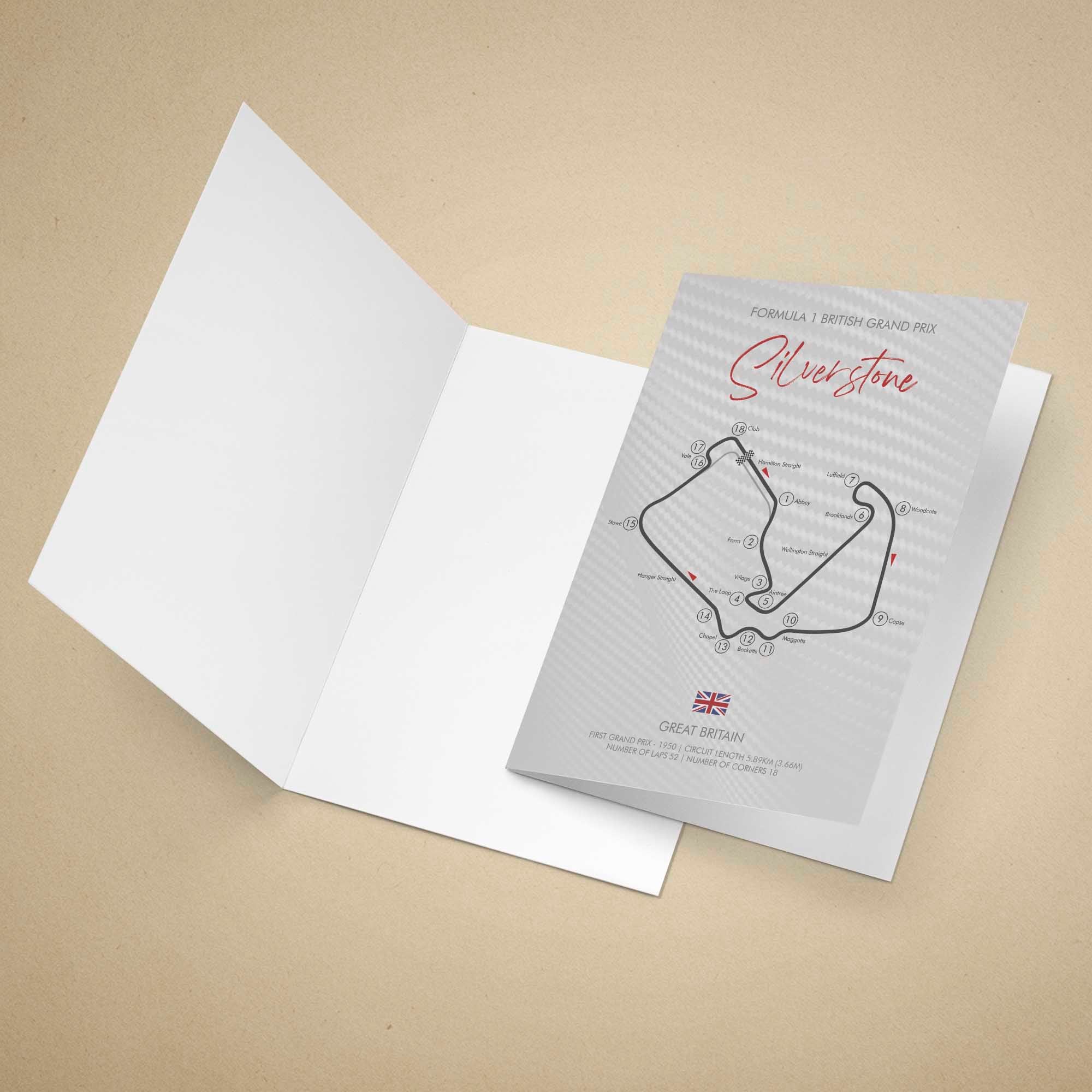 Greeting card with Silverstone race track design on a beige background