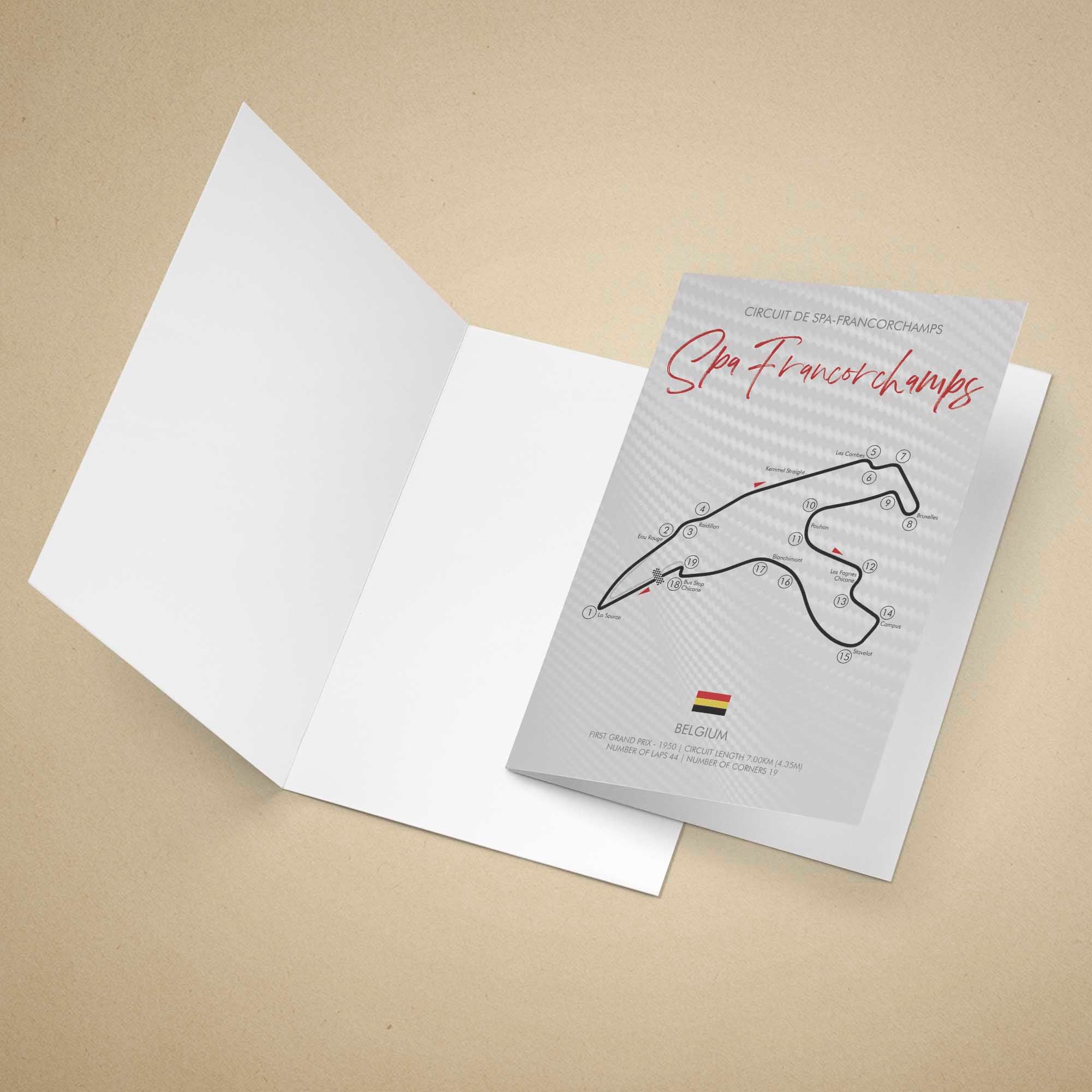 Greeting card with Spa-Francorchamps race track design on a beige background
