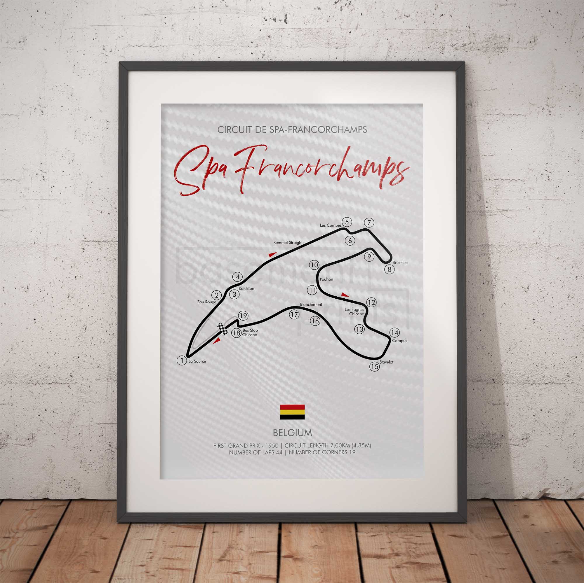 Framed poster of Spa Francorchamps race track layout on a brick wall background