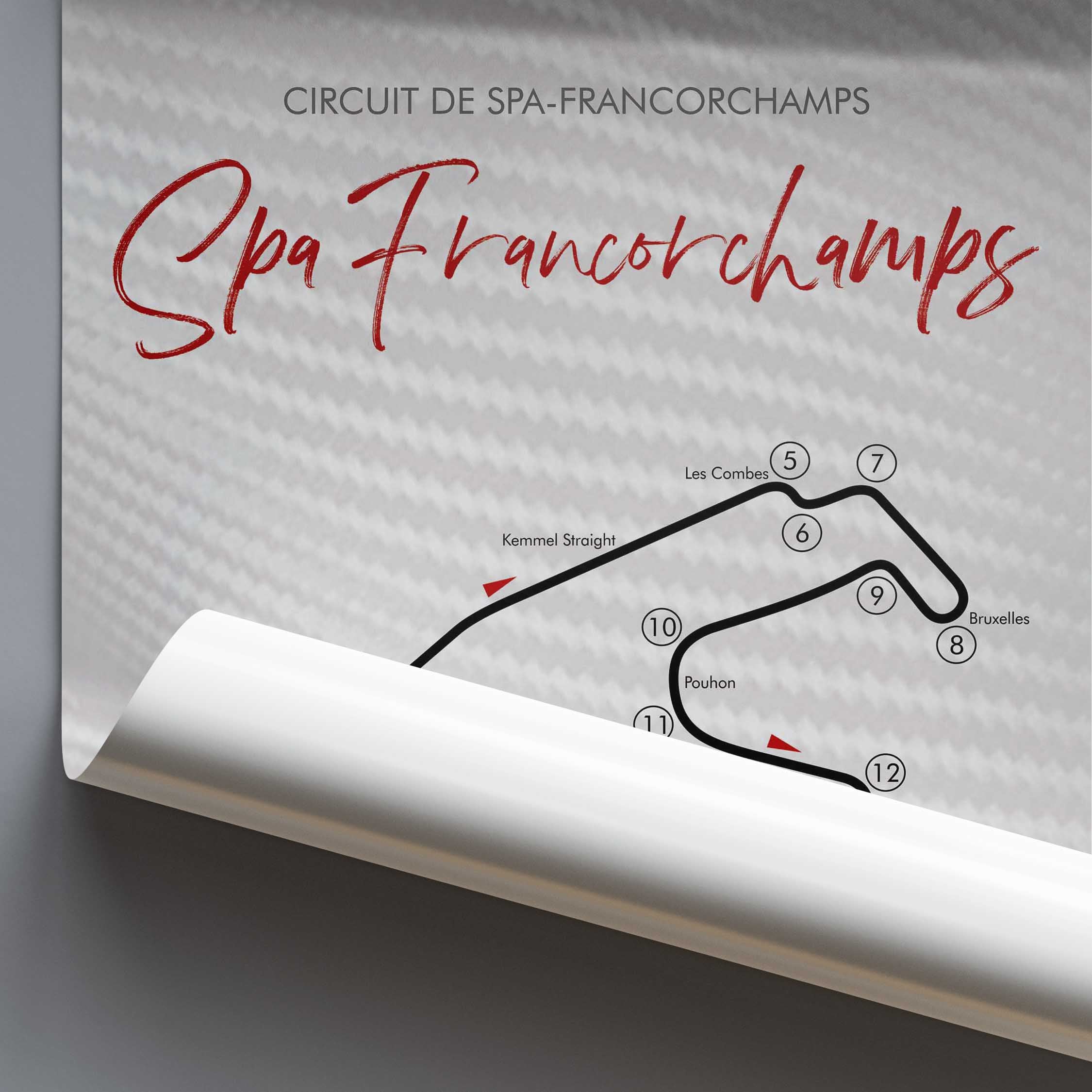 Map of Spa-Francorchamps circuit with red text on a gray background