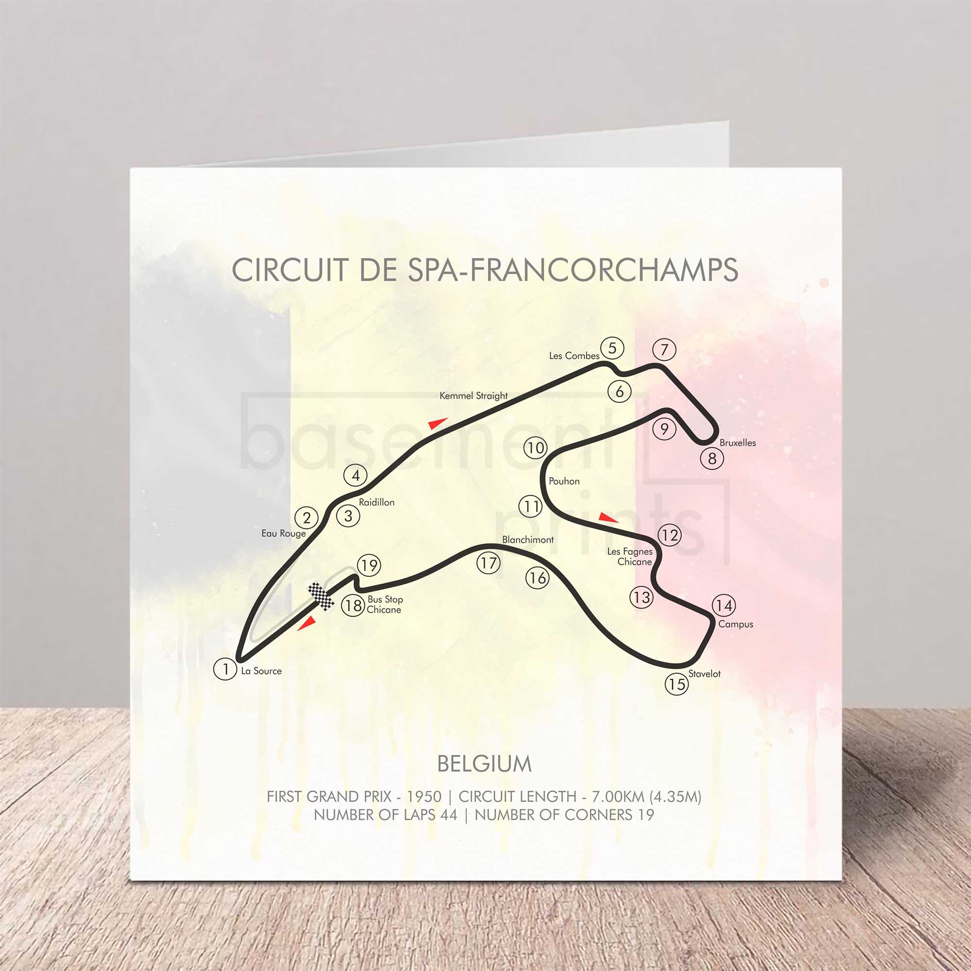 Card with Circuit de Spa-Francorchamps layout on a Belgian flag background