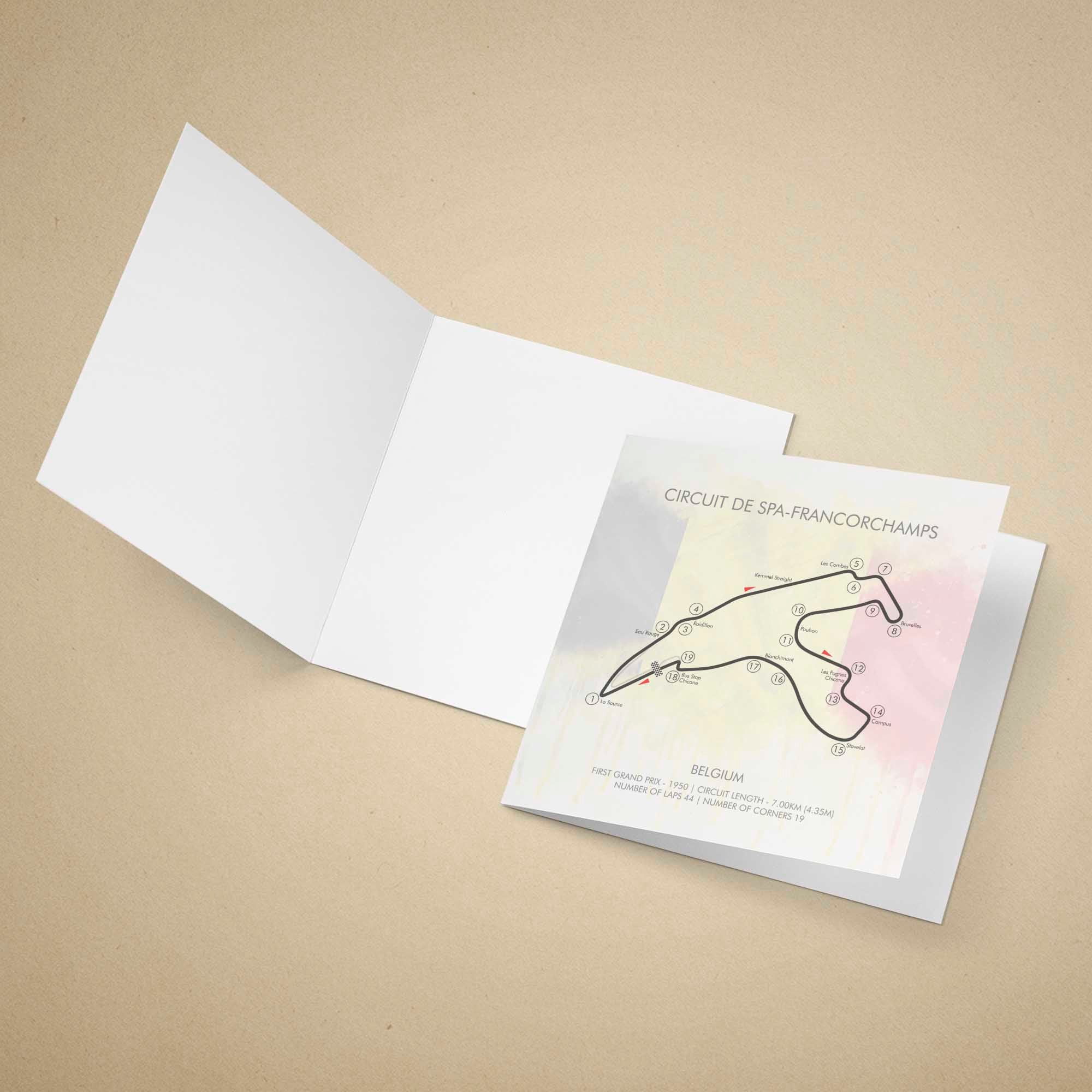 Greeting card with Spa-Francorchamps race track illustration on a beige background