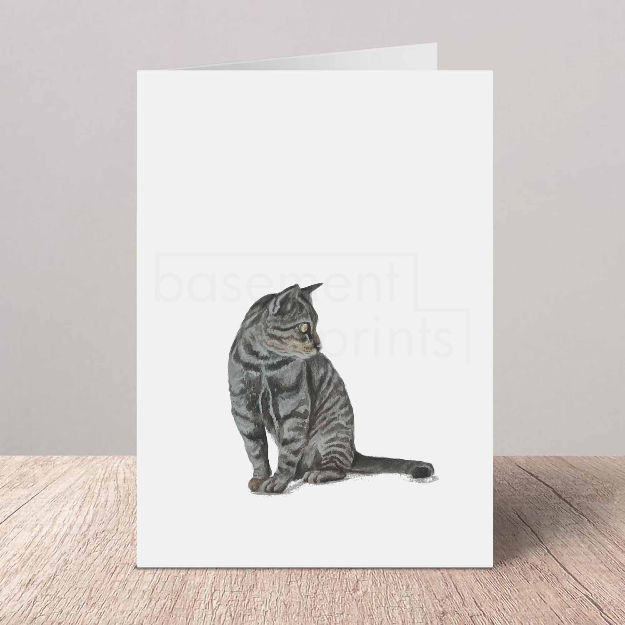 Greeting card with a grey tabby cat illustration on a white background