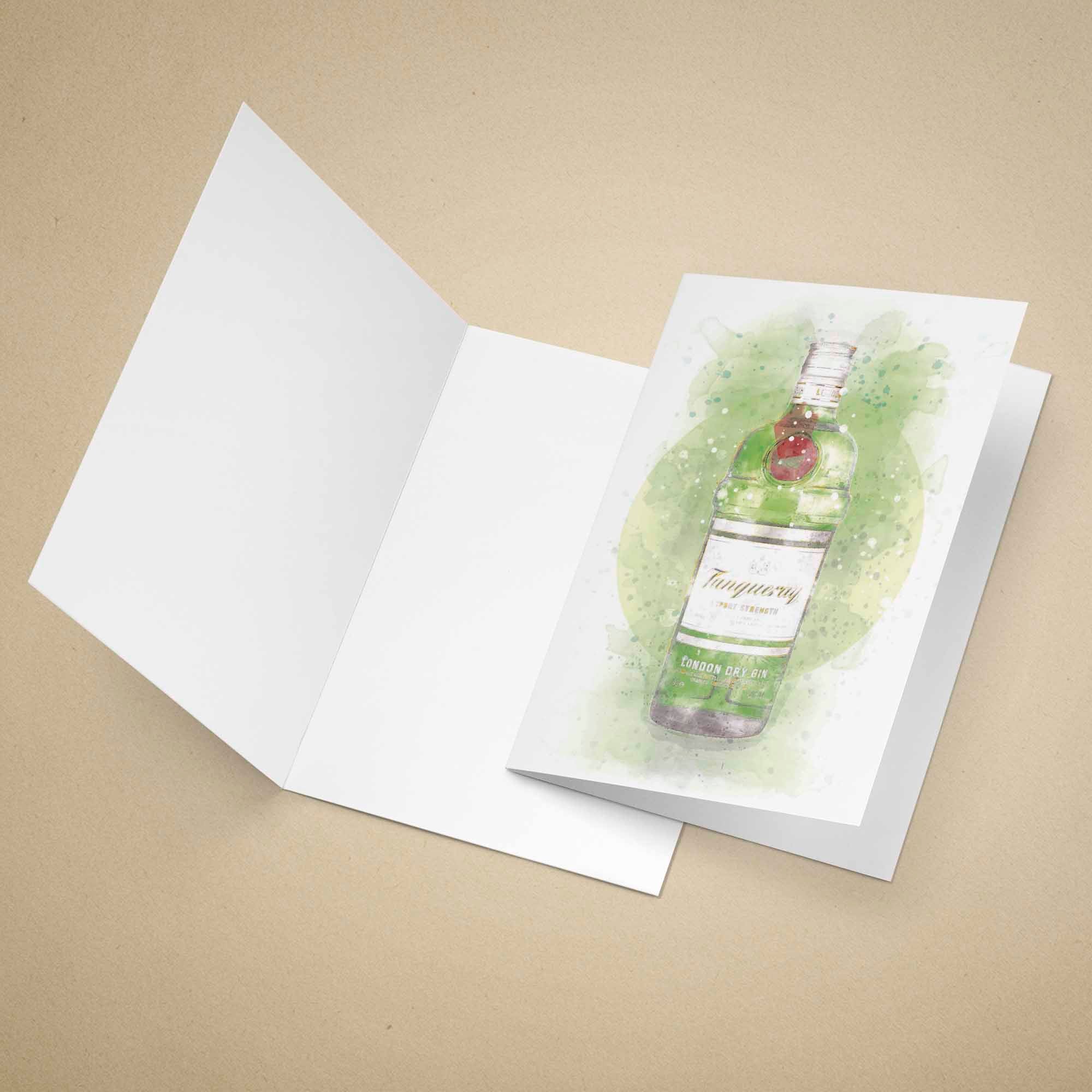 Greeting card with a bottle of Tanqueray gin on a beige background