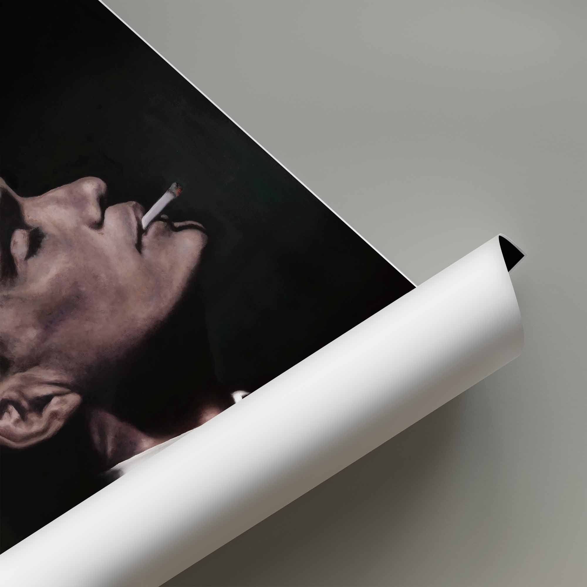 Rolled poster with Thomas Shelby smoking against a gray background.