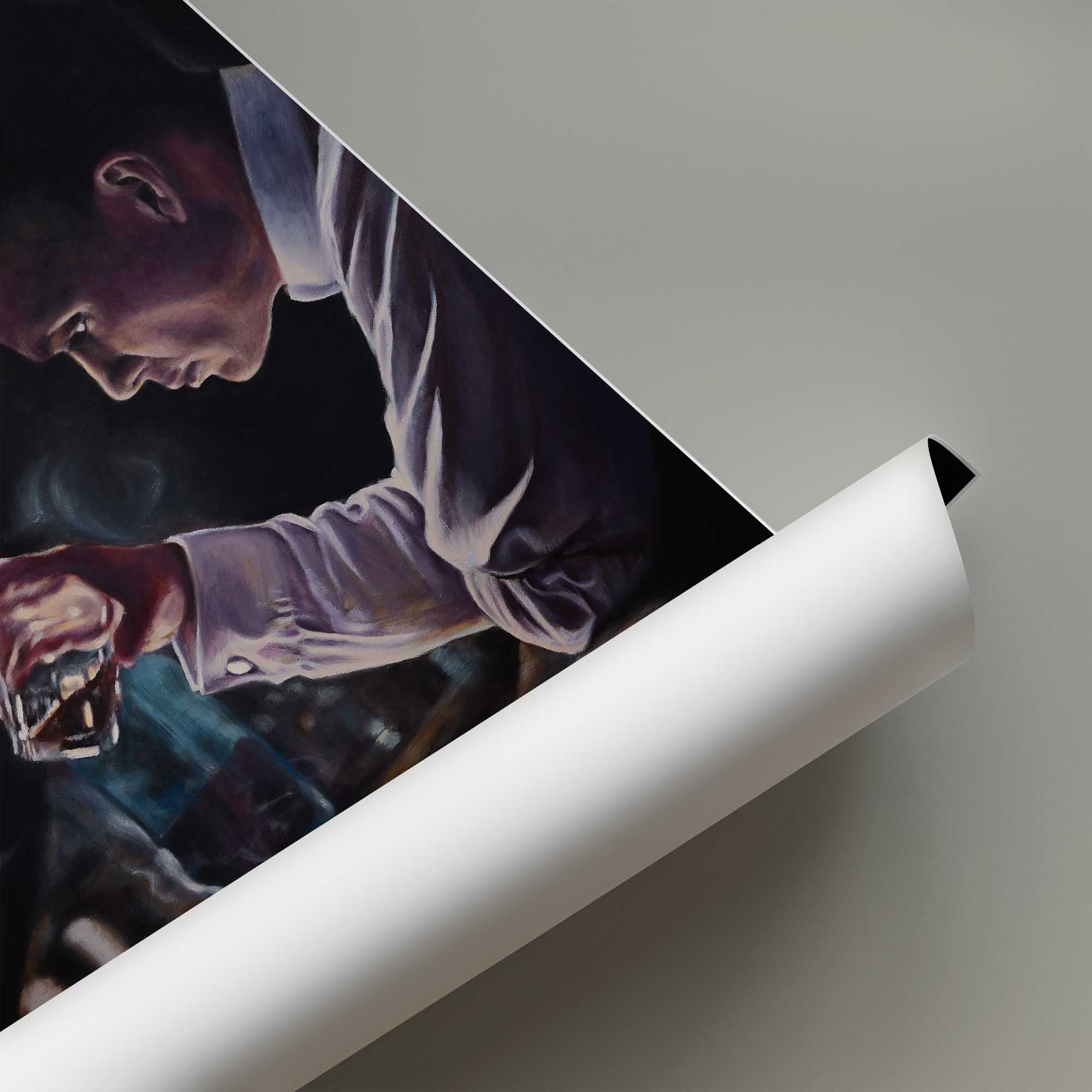 Roll of white paper with a dark artwork of Thomas Shelby from Peaky Blinders holding a whisky glass.