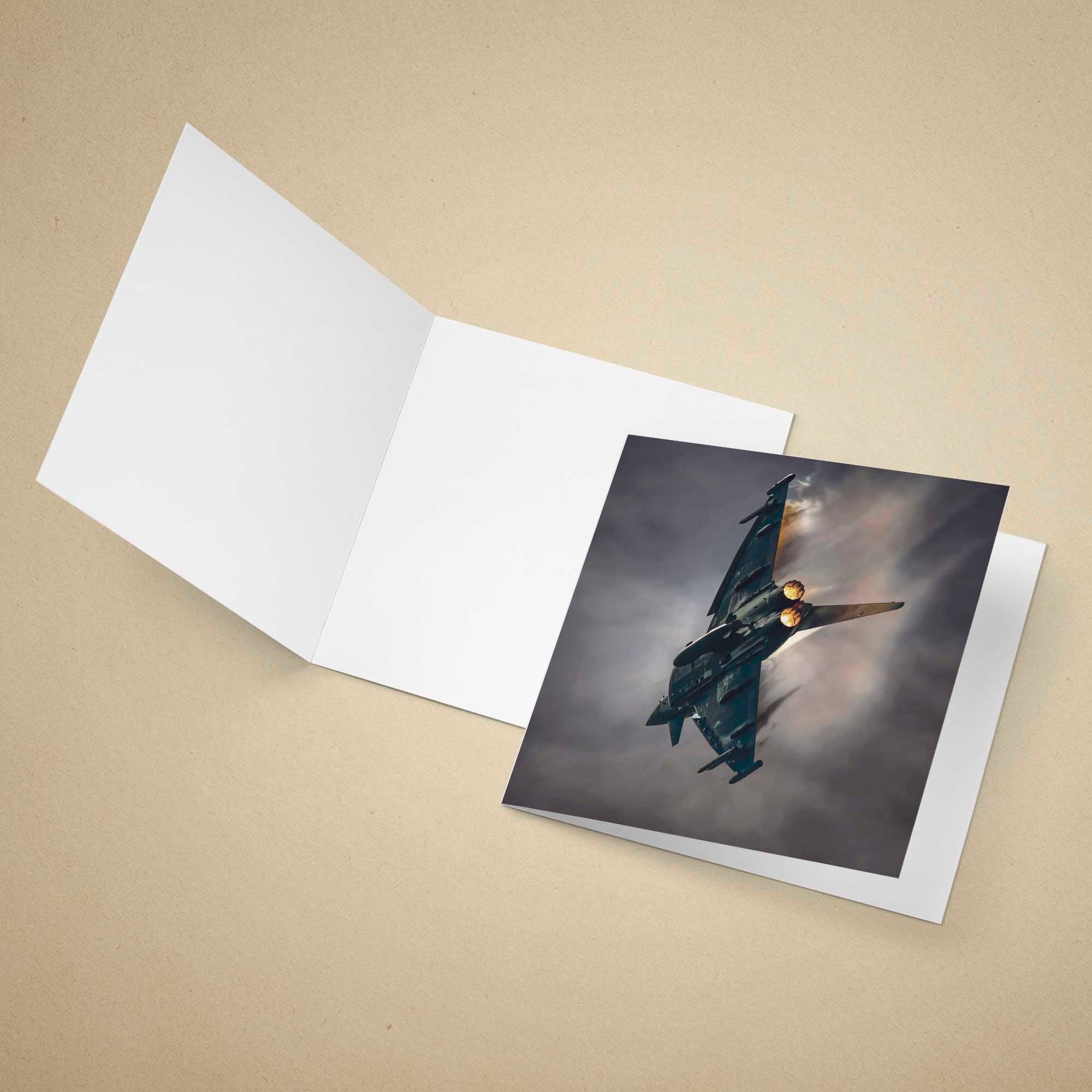 Greeting card with a Typhoon fighter jet on a dark background, open to reveal the design.