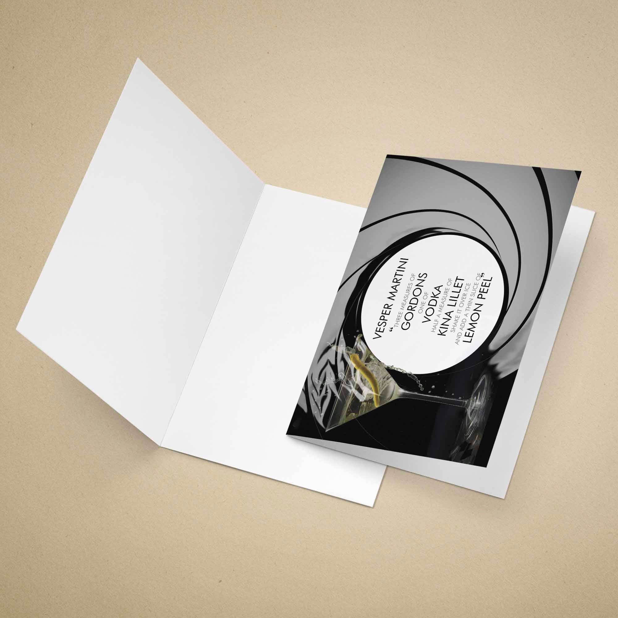 Vesper Martini recipe card with a martini glass and recipe text on a beige background