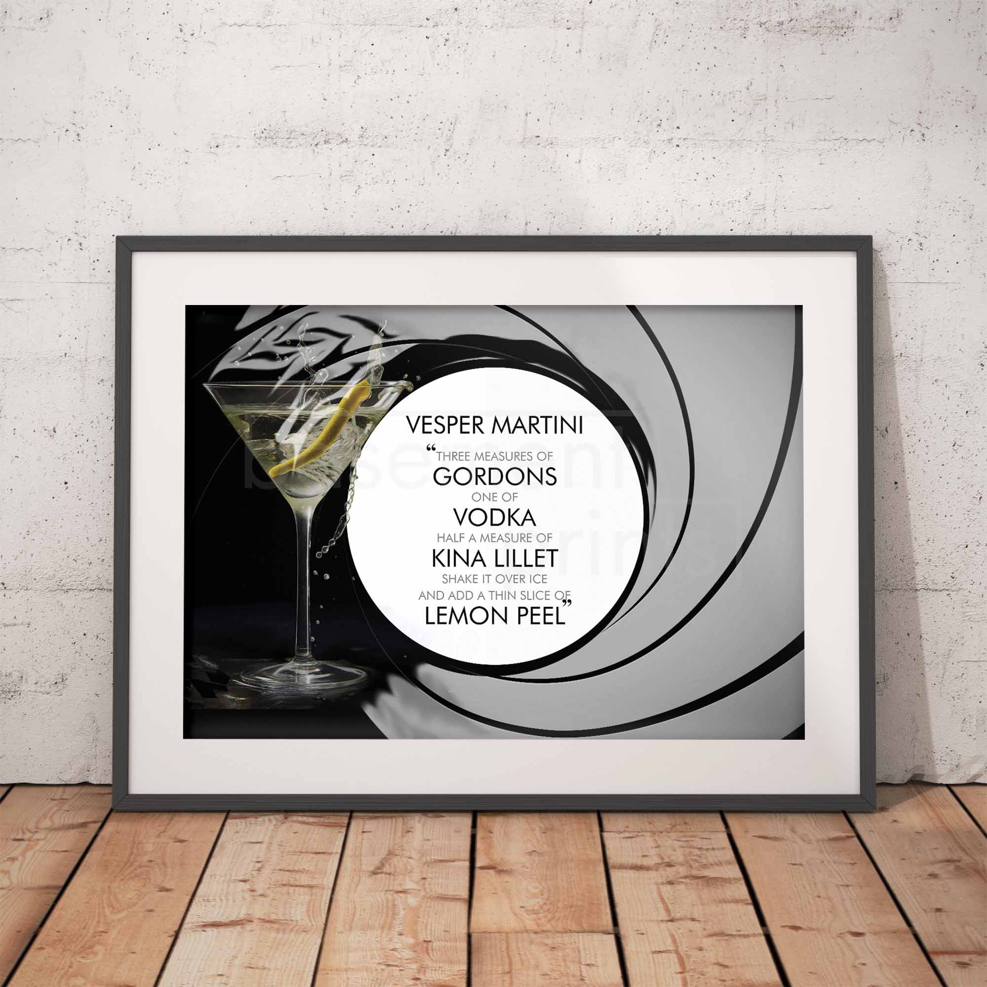 Framed Vesper Martini cocktail recipe print on a brick wall background